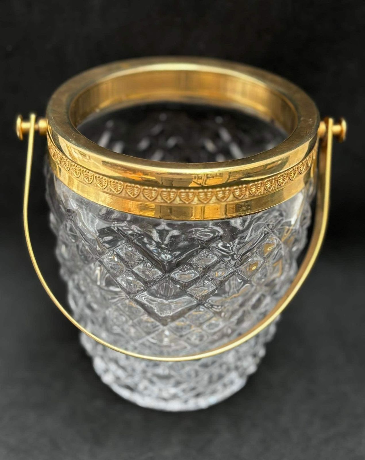 Ice Bucket Heavy Molded Glass French With Golden Metal Handles Mid Century Barware Mixology Tools Bar Cart Hollywood Regency Man Cave Gift photo vintage