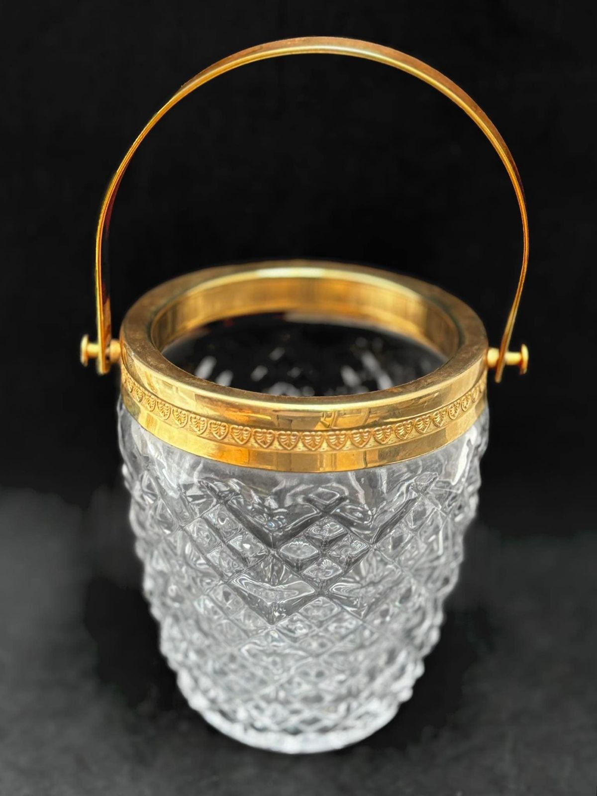 photo for sale Ice Bucket Heavy Molded Glass French With Golden Metal Handles Mid Century Barware Mixology Tools Bar Cart Hollywood Regency Man Cave Gift