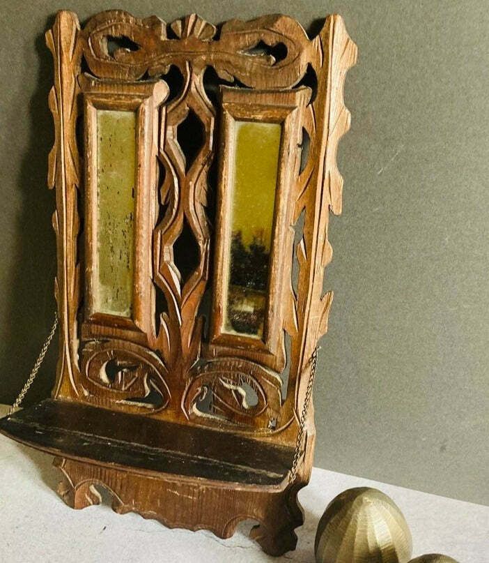 Small Antique Hand Carved Mirrored Display Shelf photo vintage