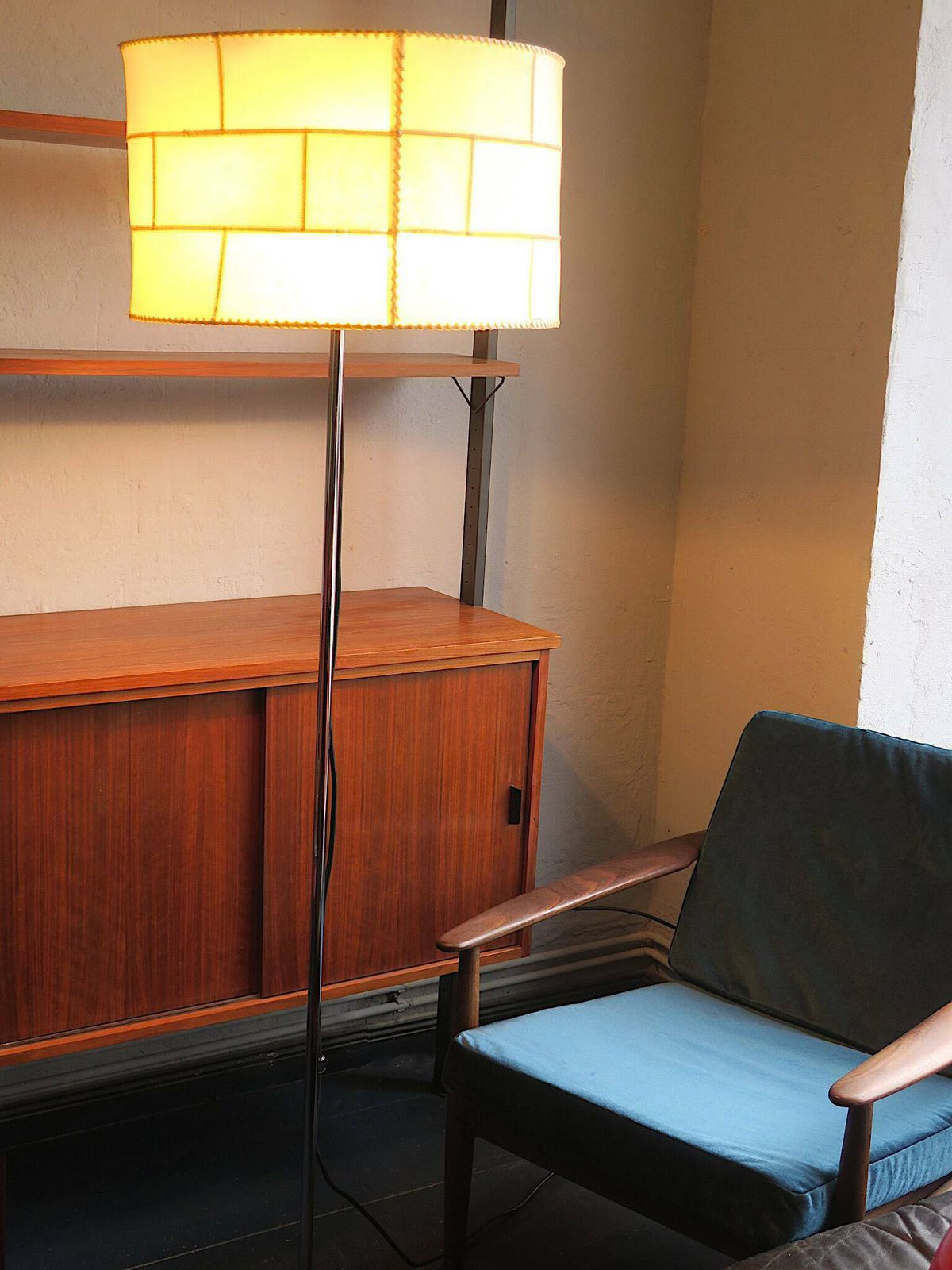 Patchwork Parchment And Black Leather Floor Lamp By Staff, 1960s photo 595.0