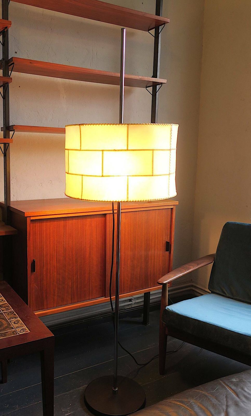 Patchwork Parchment And Black Leather Floor Lamp By Staff, 1960s photo vinterior