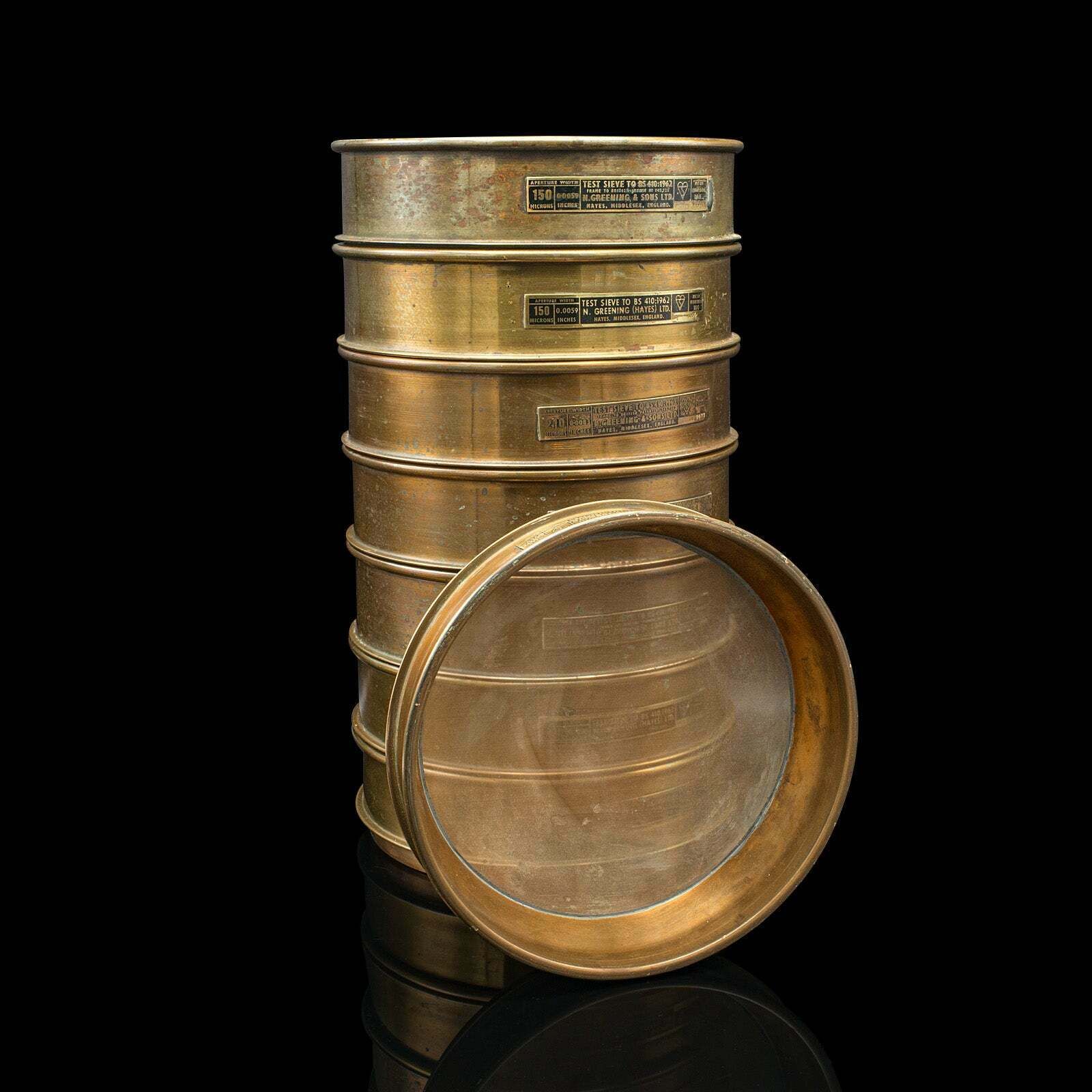 Large Set Of 8 Vintage Lab Sieves, English, Brass, Stacking, Scientific, C.1965 photo furniture