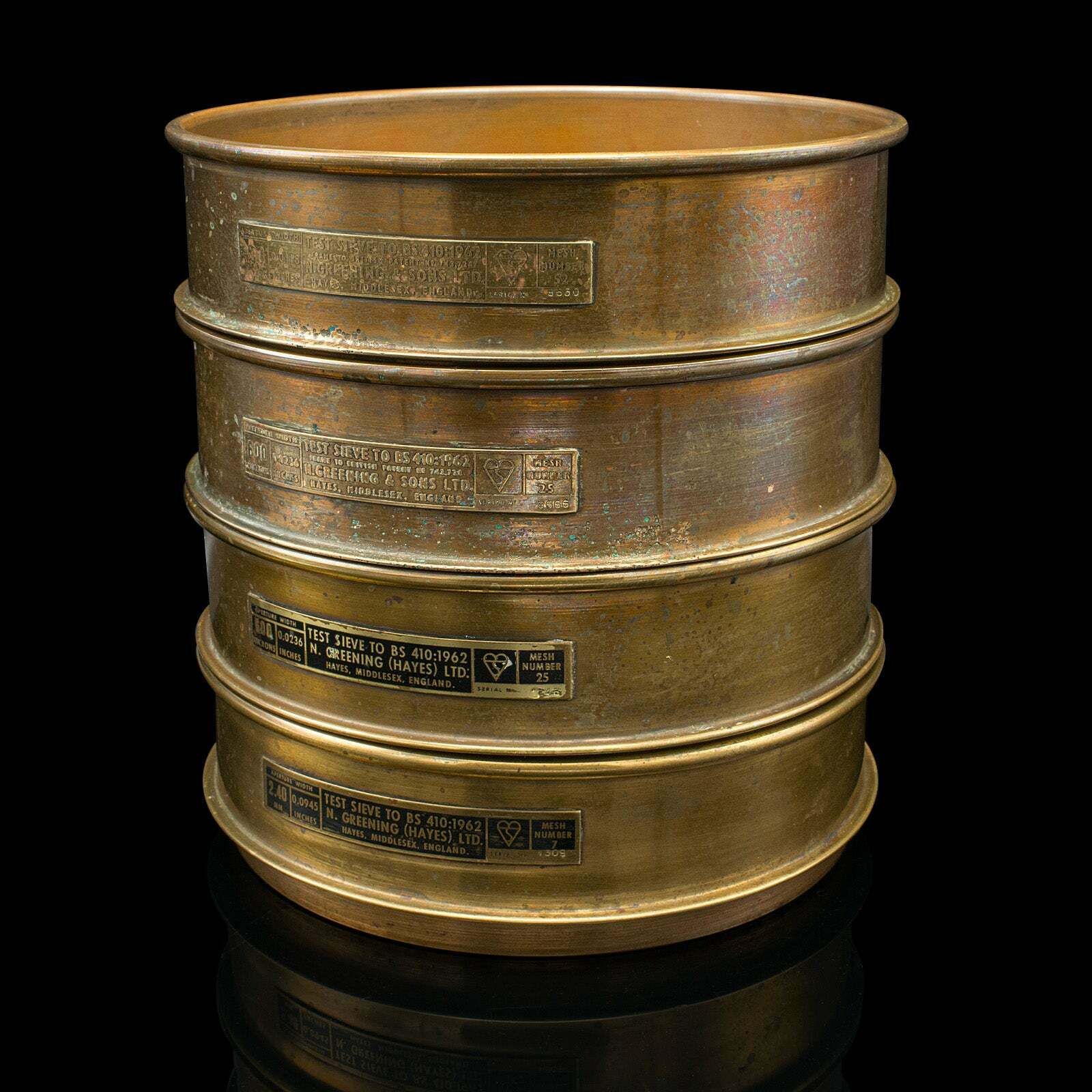 Large Set Of 8 Vintage Lab Sieves, English, Brass, Stacking, Scientific, C.1965 photo 895.0