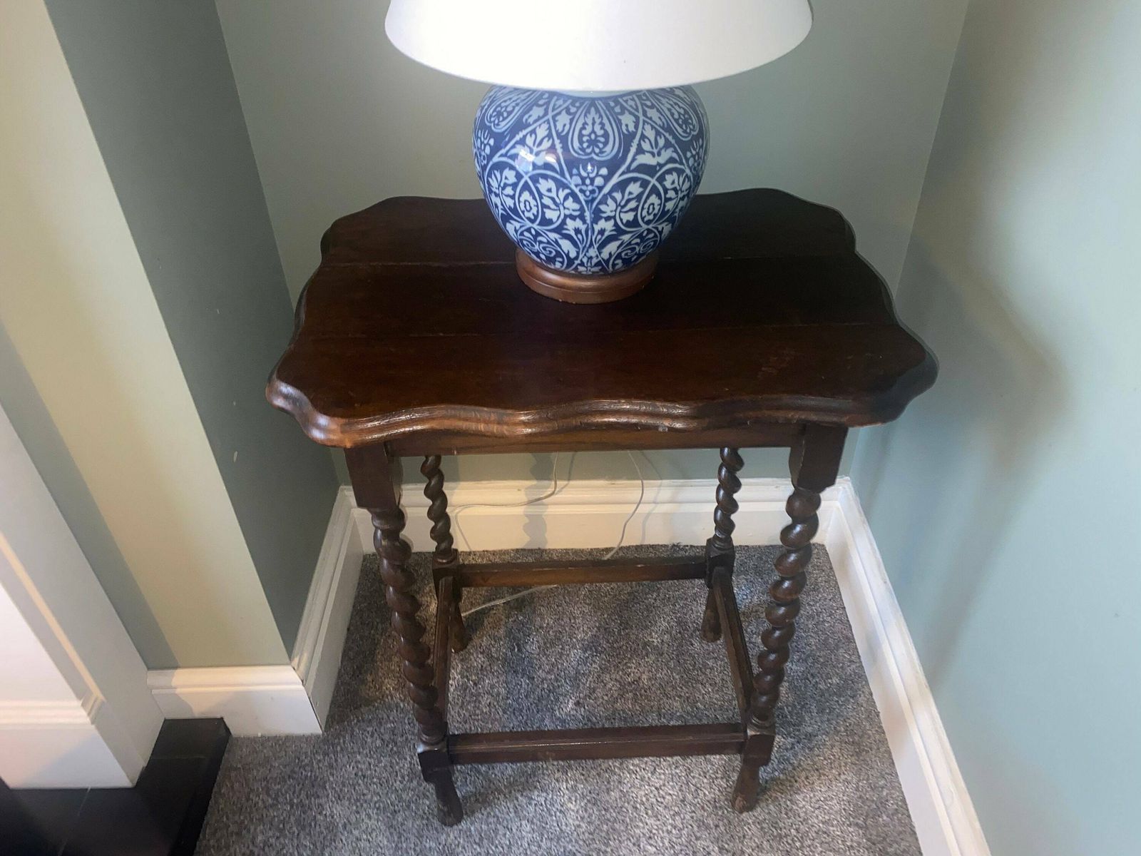 Antique Table With Barley Twist Legs And A Scalloped Edge. Victorian Oak Occasional Table photo furniture