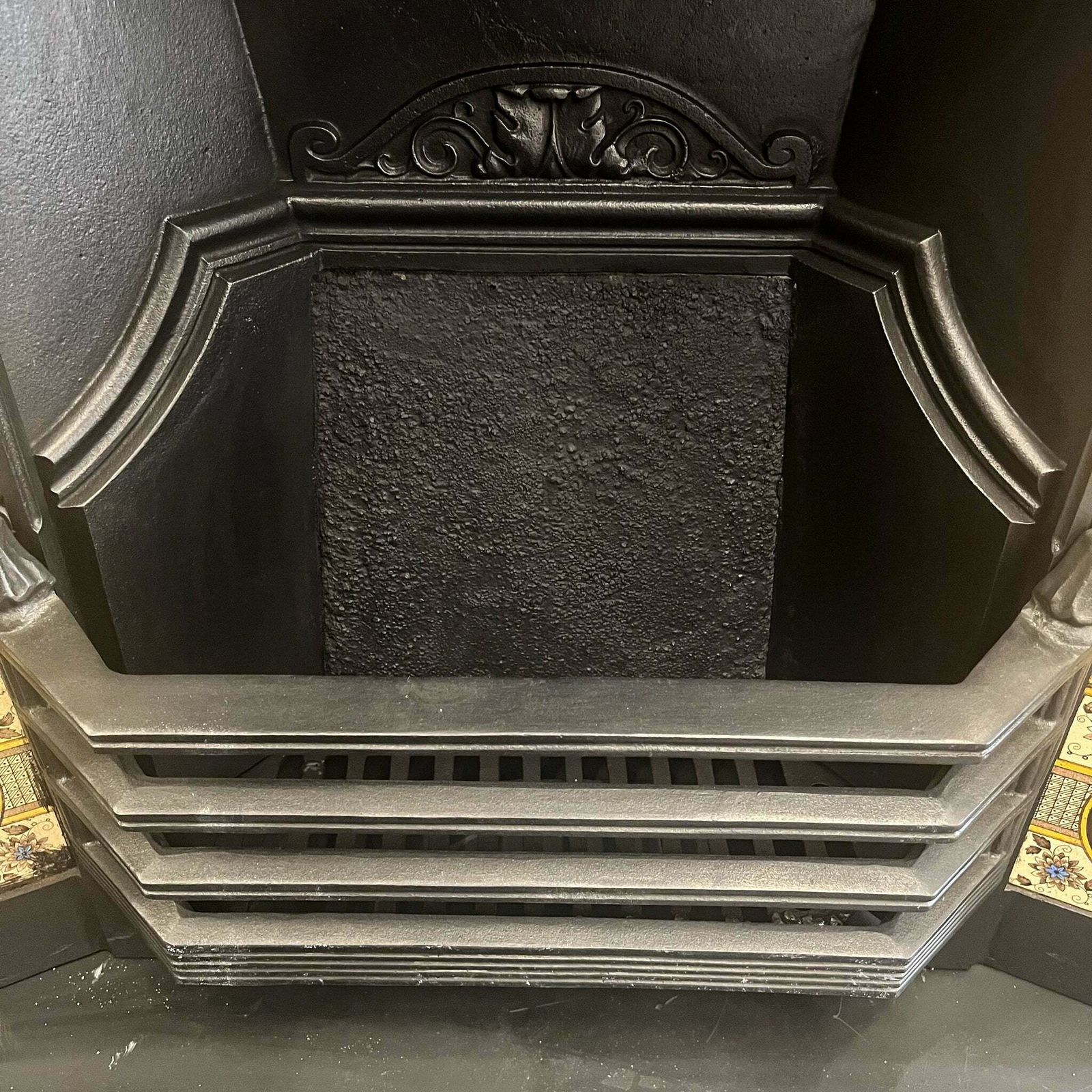 Antique Victorian Cast Iron Floral Tiled Fireplace Insert photo for sale