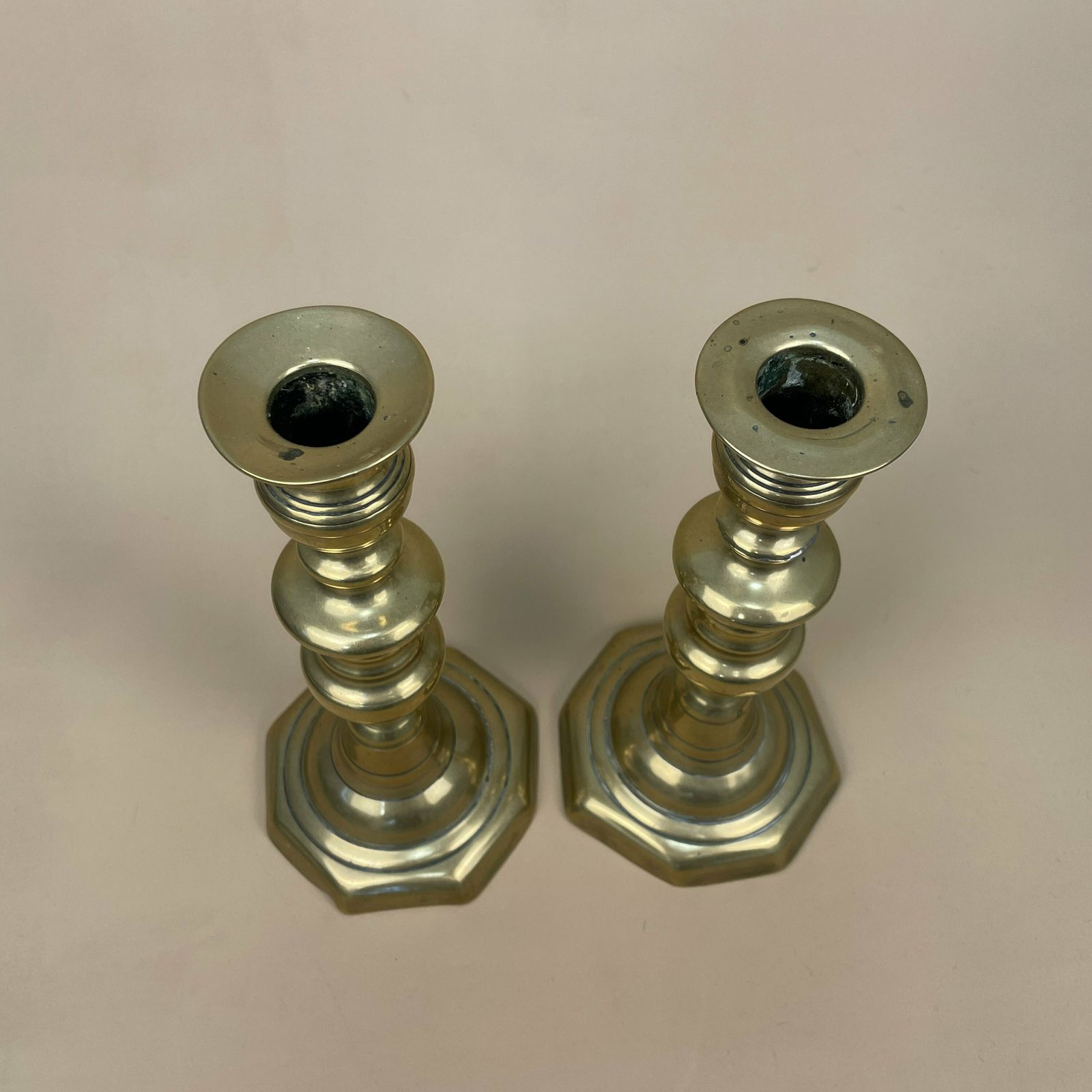 Antique Matching Pair Of Gold Solid Brass Metal Candlestick Candle Stick Heavy Vintage Column Taper Dinner Candlesticks Hexagon Base Set photo for sale