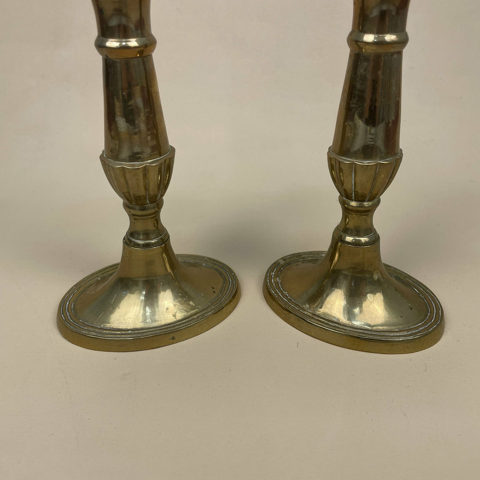 Antique Matching Pair Of Gold Solid Brass Metal Candlestick Candle Stick Heavy Vintage Column Taper Dinner Candlesticks Hexagon Base Set photo Home Decor
