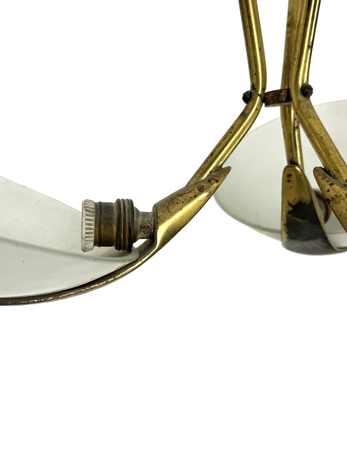 photo for sale Vintage Italian Brass And Curved Glass Chandelier From 1950s