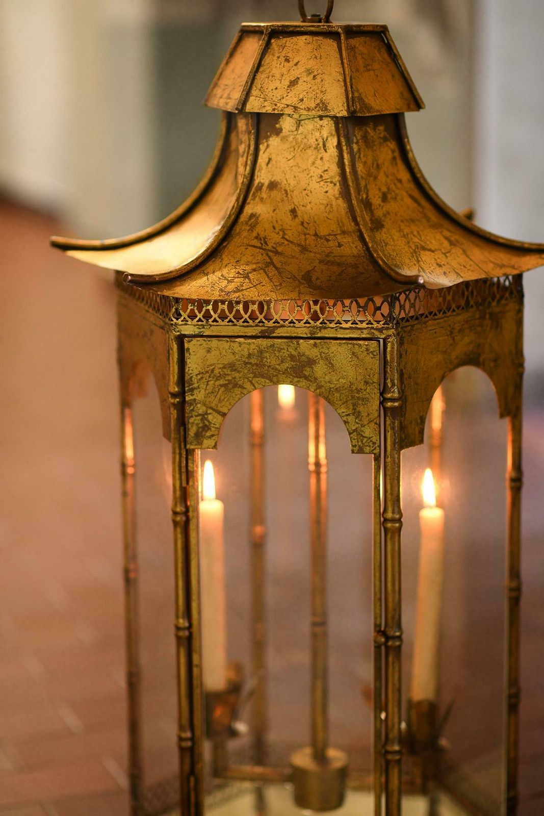 Large Pagoda Shaped French Lantern In Golden Metal From The 1970s photo for sale