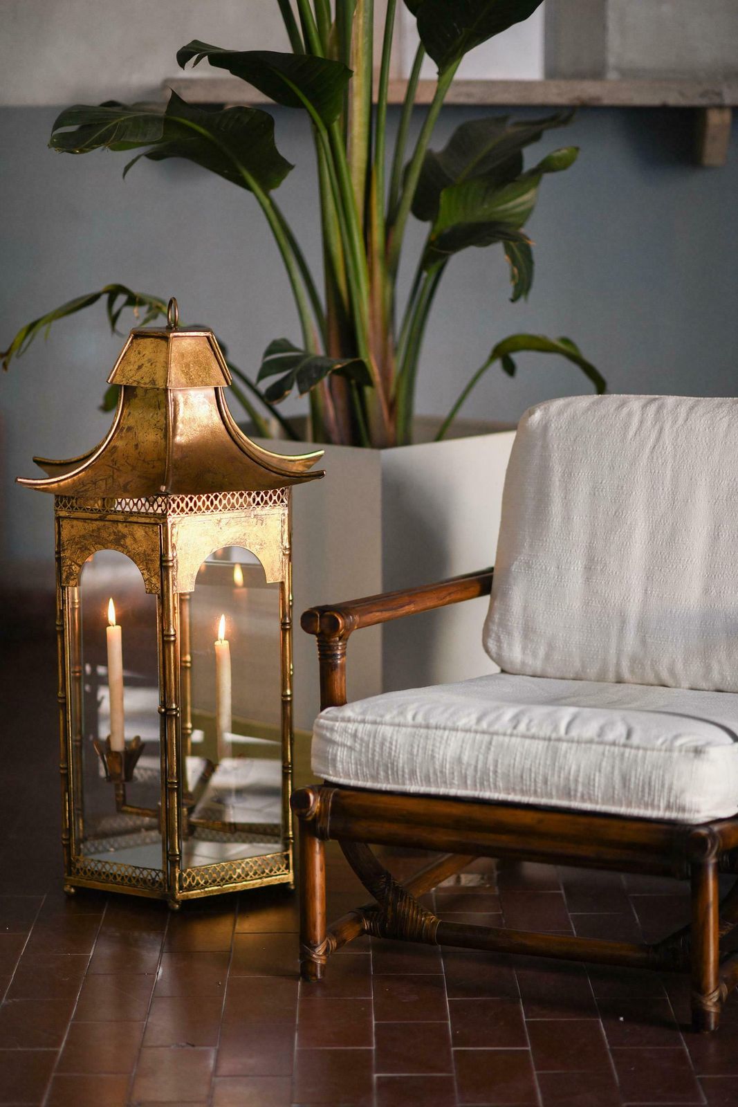 Large Pagoda Shaped French Lantern In Golden Metal From The 1970s photo vinterior