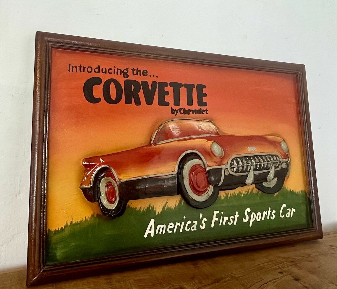 Amazing Chevrolet Corvette Vintage Wooden Advertising Sign, Plaque 3d Raised, Hand Painted, Retro, Americana, Car, Automobile Collectable