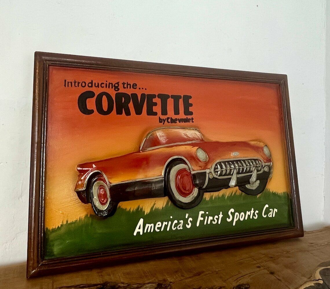 Amazing Chevrolet Corvette Vintage Wooden Advertising Sign, Plaque 3d Raised, Hand Painted, Retro, Americana, Car, Automobile Collectable photo vinterior