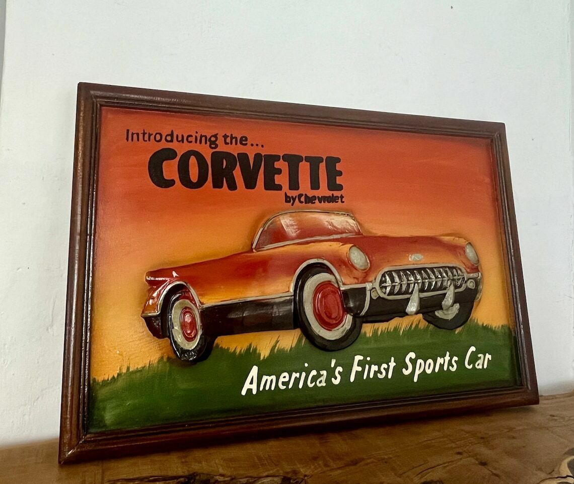 photo for sale Amazing Chevrolet Corvette Vintage Wooden Advertising Sign, Plaque 3d Raised, Hand Painted, Retro, Americana, Car, Automobile Collectable