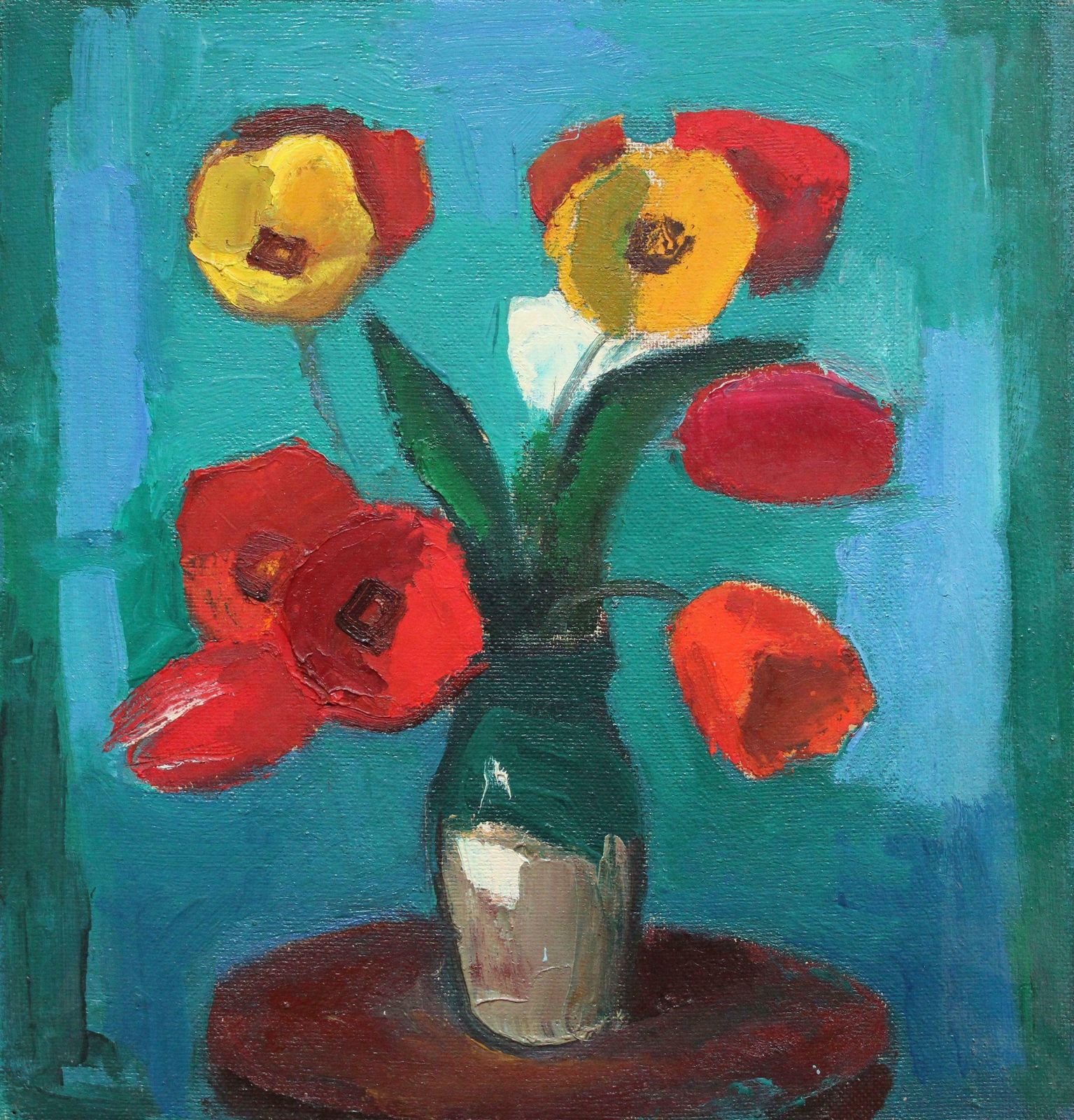 Aleksandr Rodin Tulips On A Turquoise Background. Oil On Cardboard