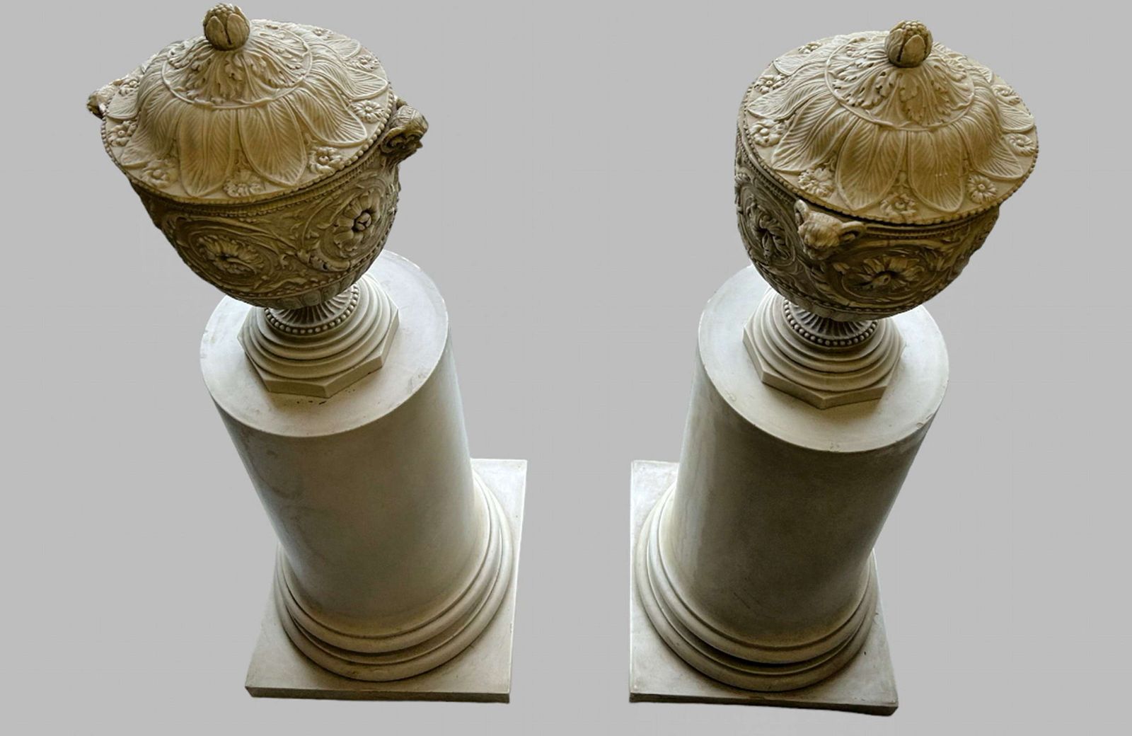 A Pair Of Decorative Pedestals With Lidded Urns photo furniture
