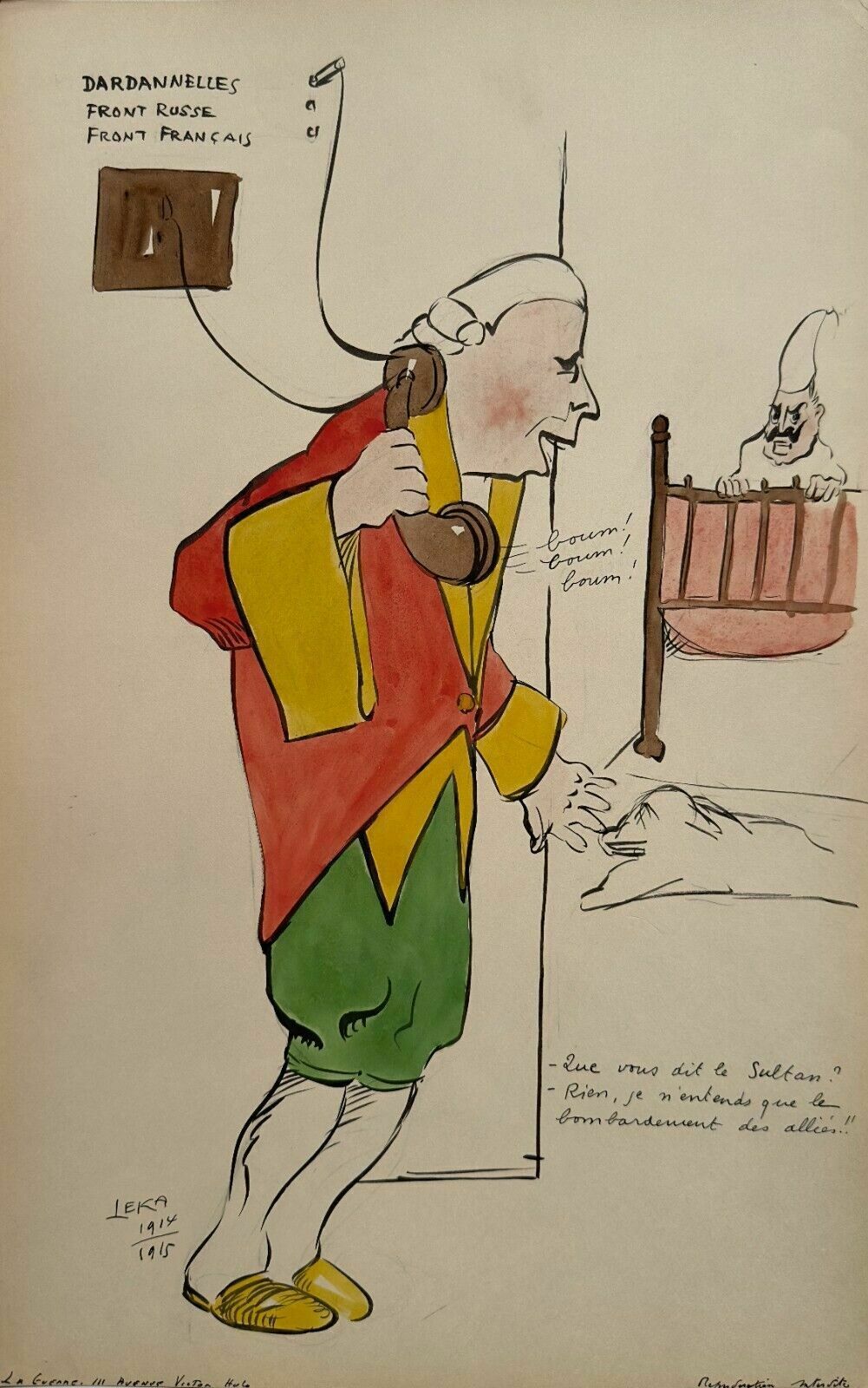Harry De Leka Watercolor Drawing Signed War Caricature 1914   1915
