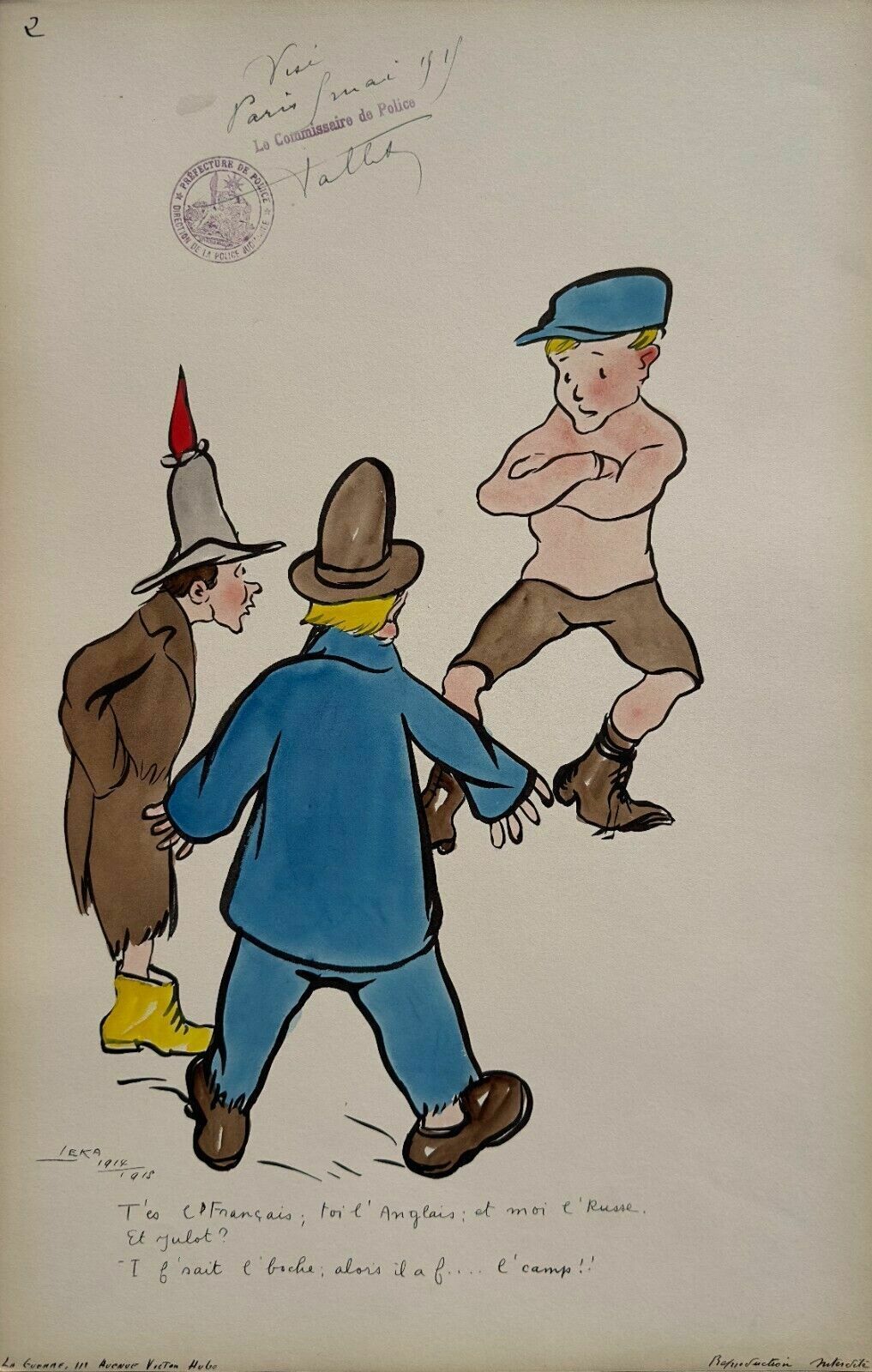 Harry De Leka Watercolor Drawing Signed War Caricature 1914   1915