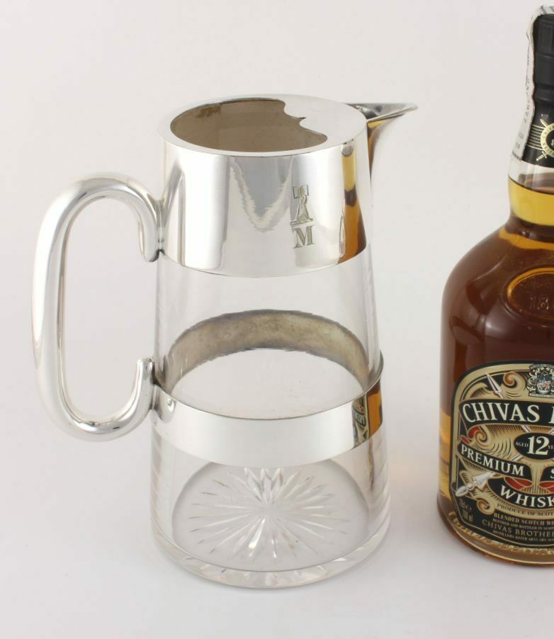 Silver Plate & Cut Glass Water Pitcher Jug. Millar Family M Crest. C1900. photo vintage