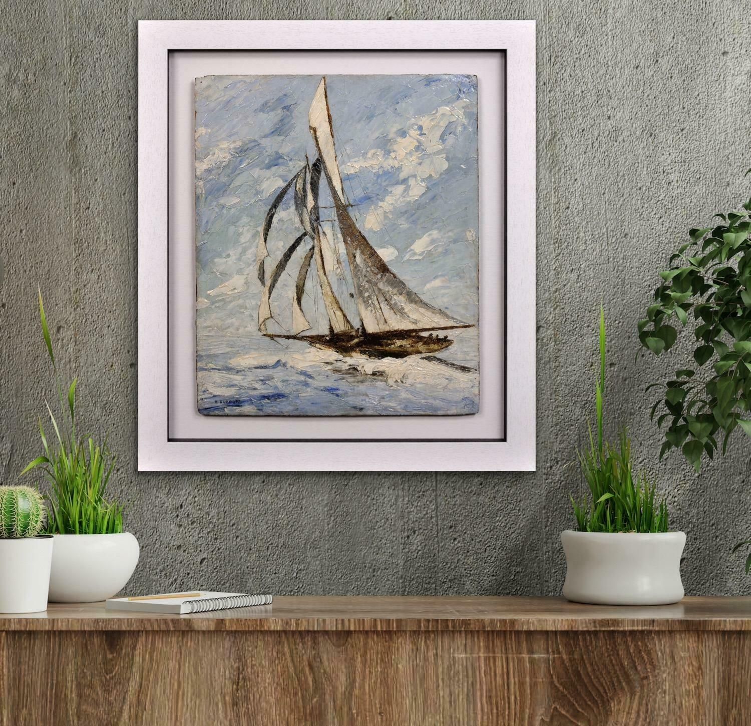 photo vinterior Elisabeth Bardon 1892 To 1984. Ocean Gypsy. Elegant Sailing Yacht. Framed 1930s French Marine Impasto Oil Painting.