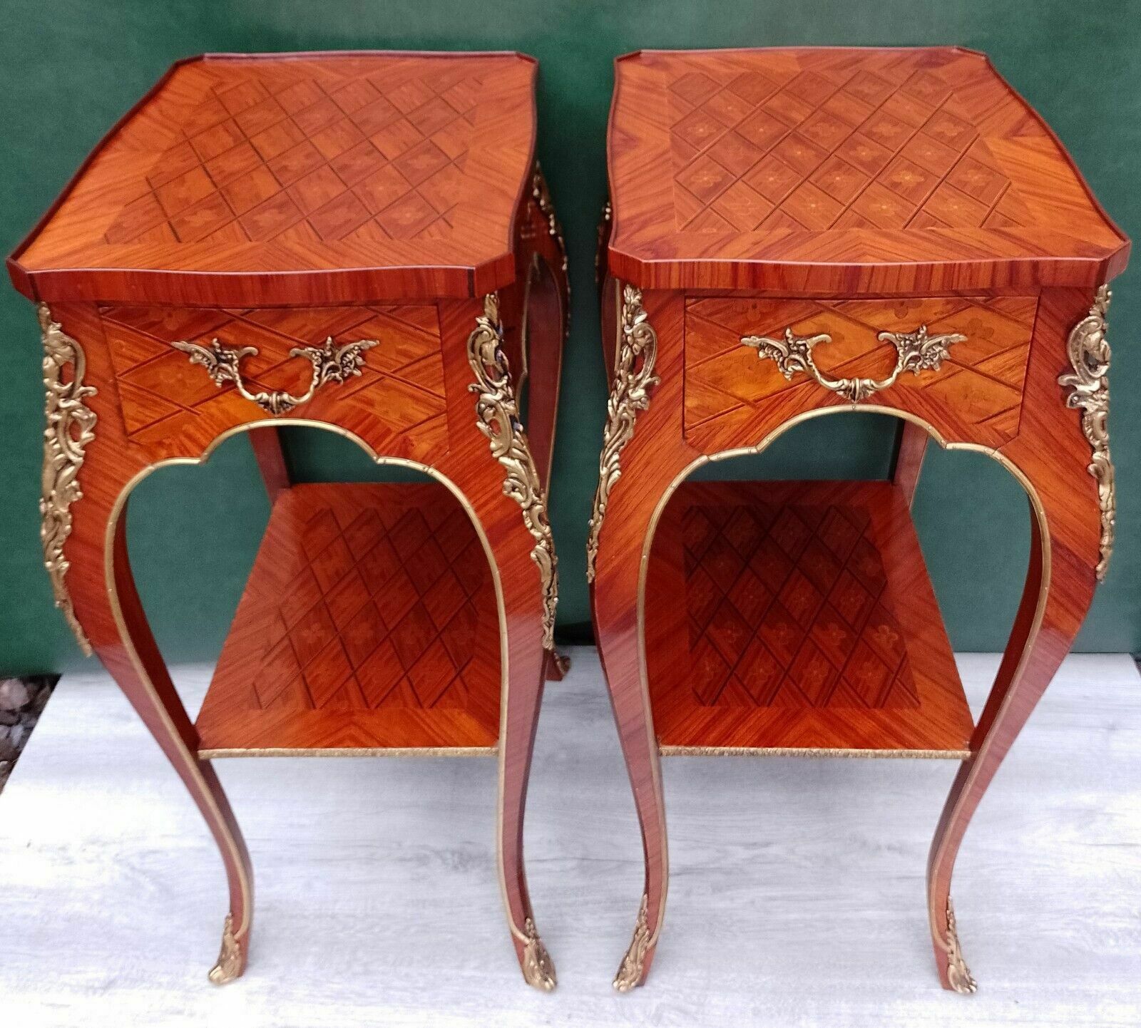 Pair Antique Revival French Empire Ormolu Kingwood Bedside Nightstands Side End Lamp Tables photo for sale