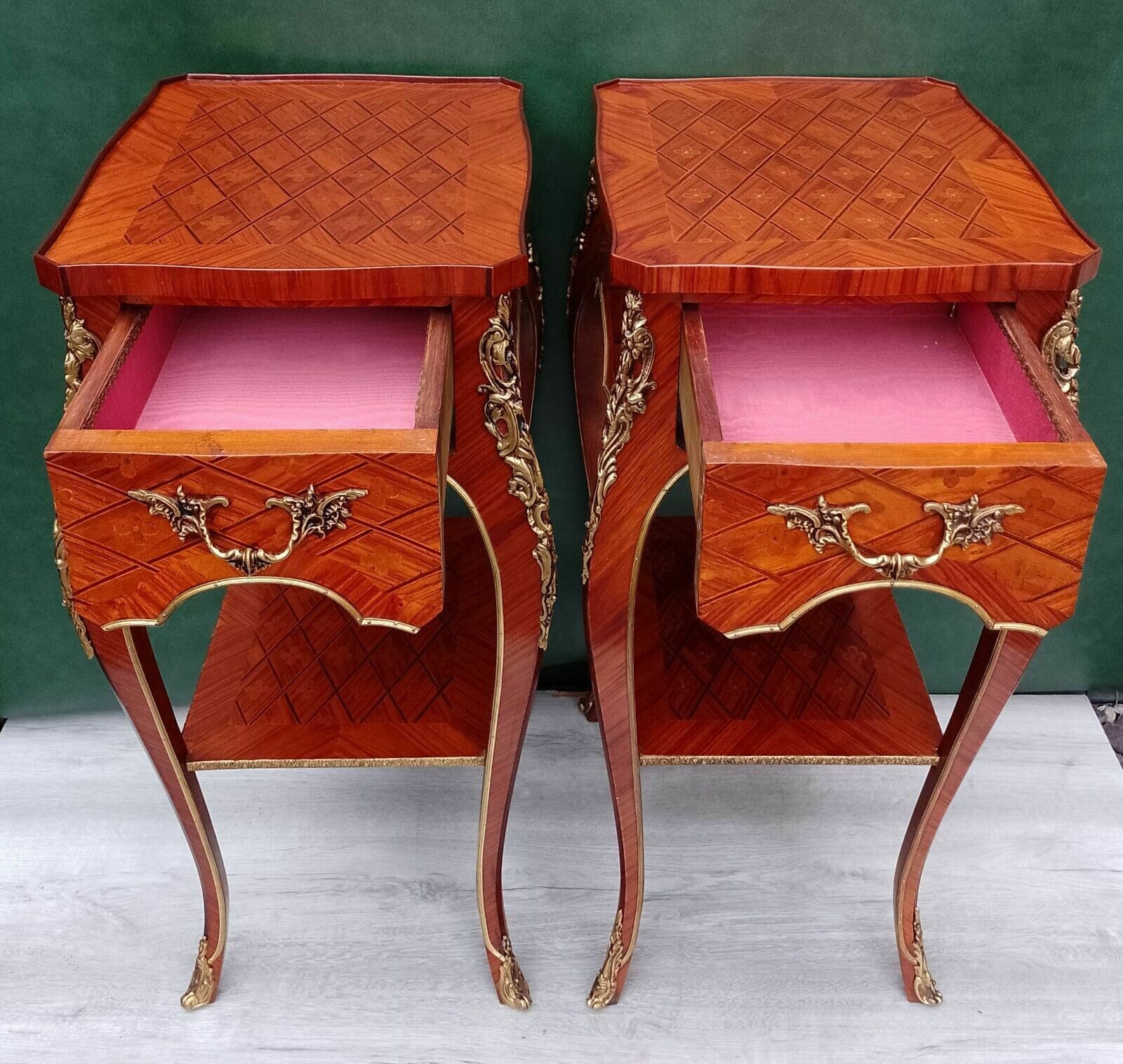 Pair Antique Revival French Empire Ormolu Kingwood Bedside Nightstands Side End Lamp Tables photo vintage