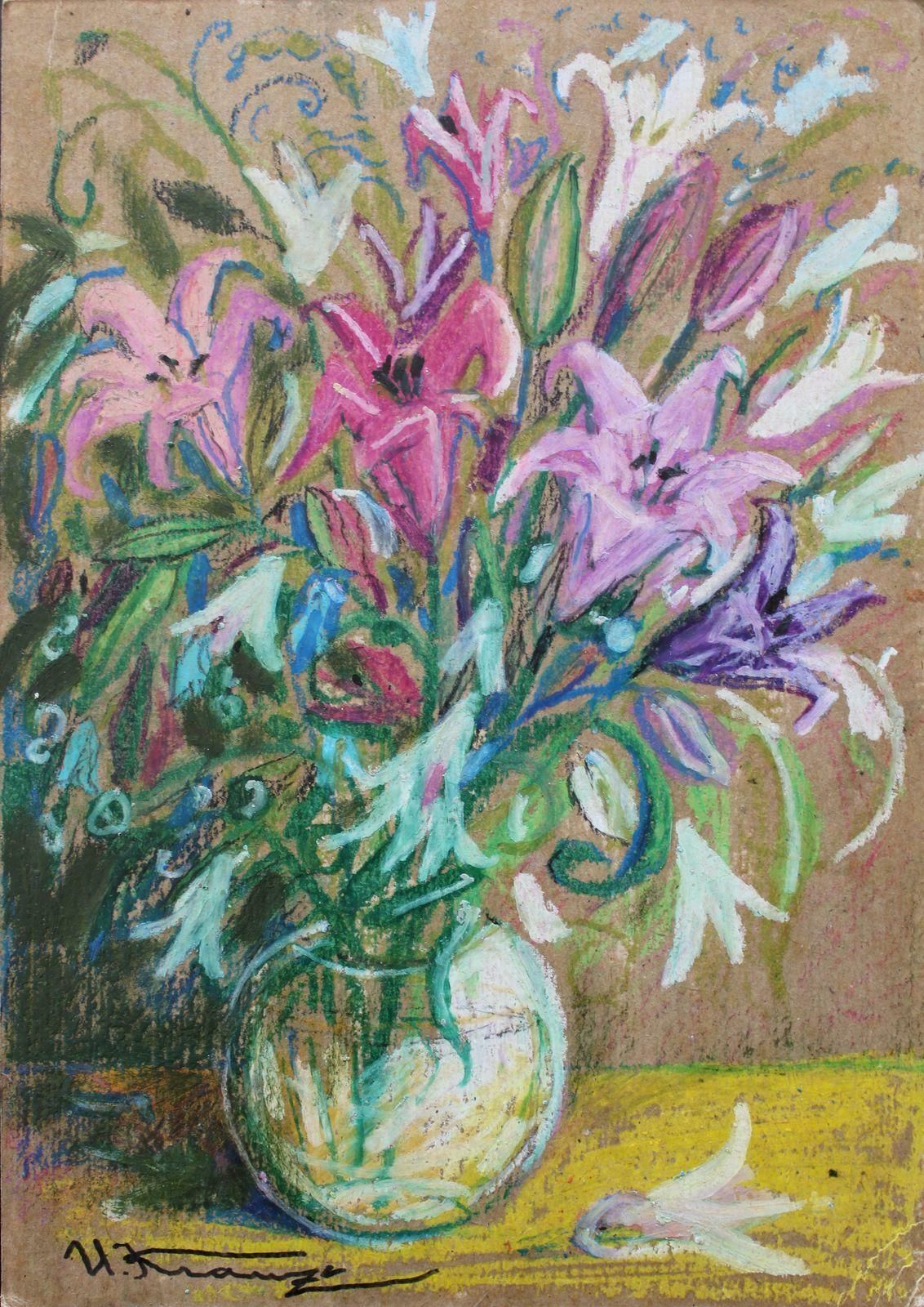 Uldis Krauze Flowers In A Glass Vase Cardboard, Author's Technique, 31.5x22.5 Cm