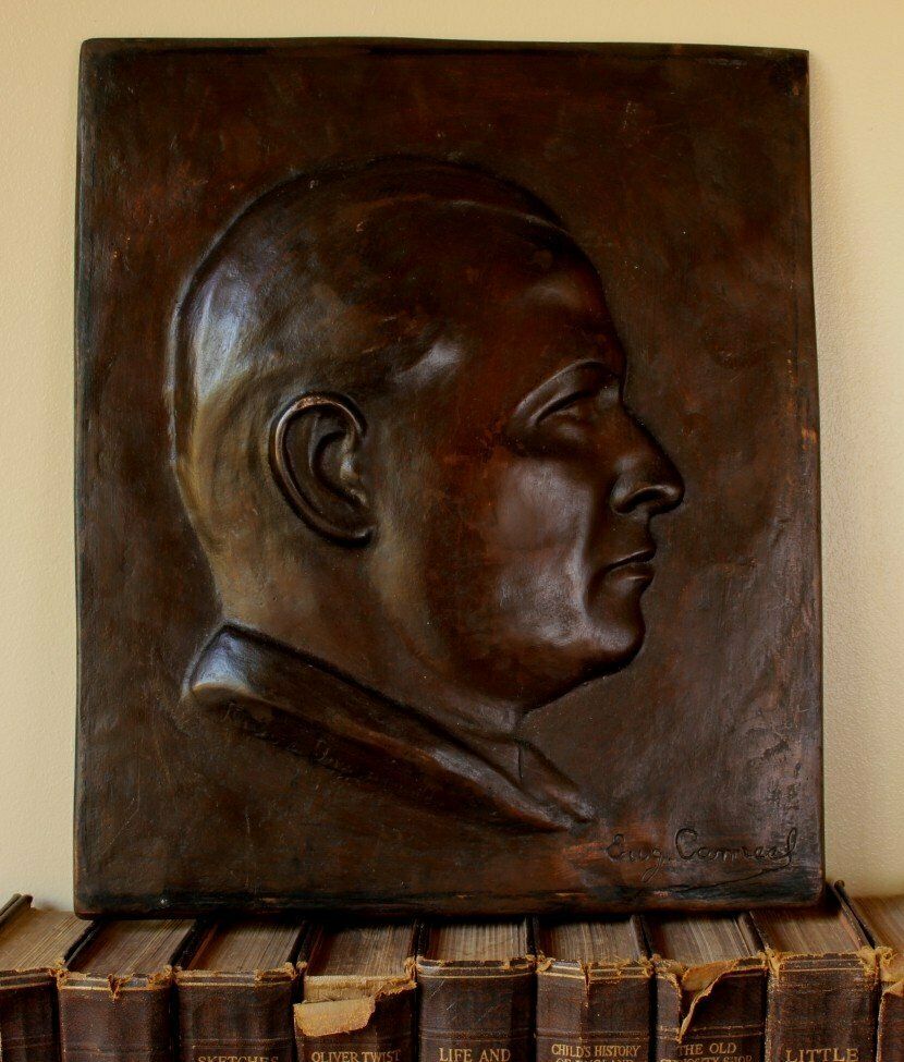 Bronze Plaque Male Portrait Signed Eugene Canneel. Mans Head Art C1920.