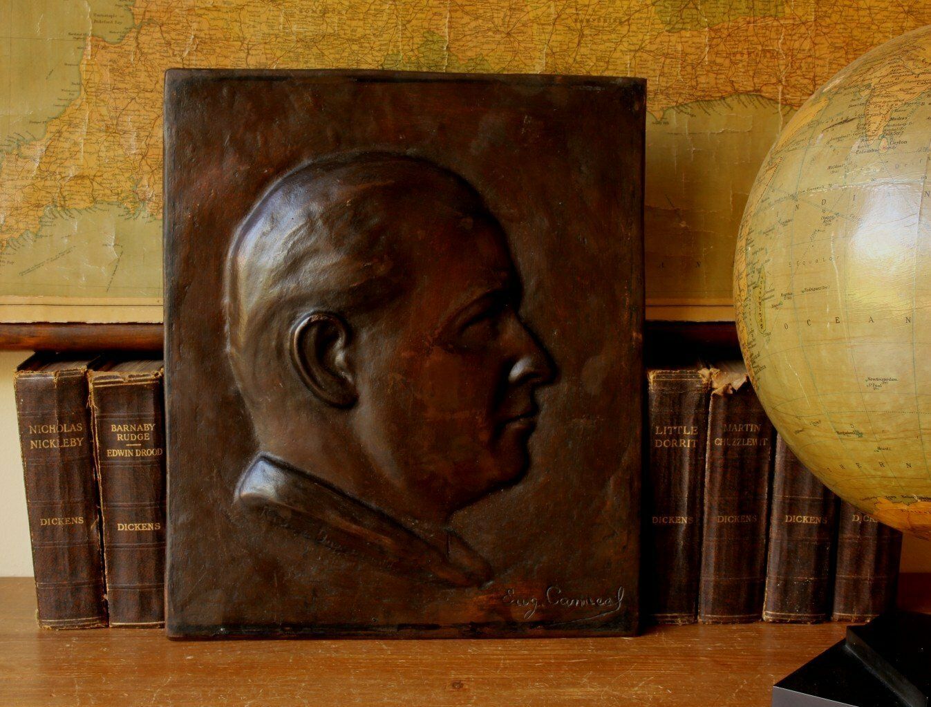 Bronze Plaque Male Portrait Signed Eugene Canneel. Mans Head Art C1920. photo furniture