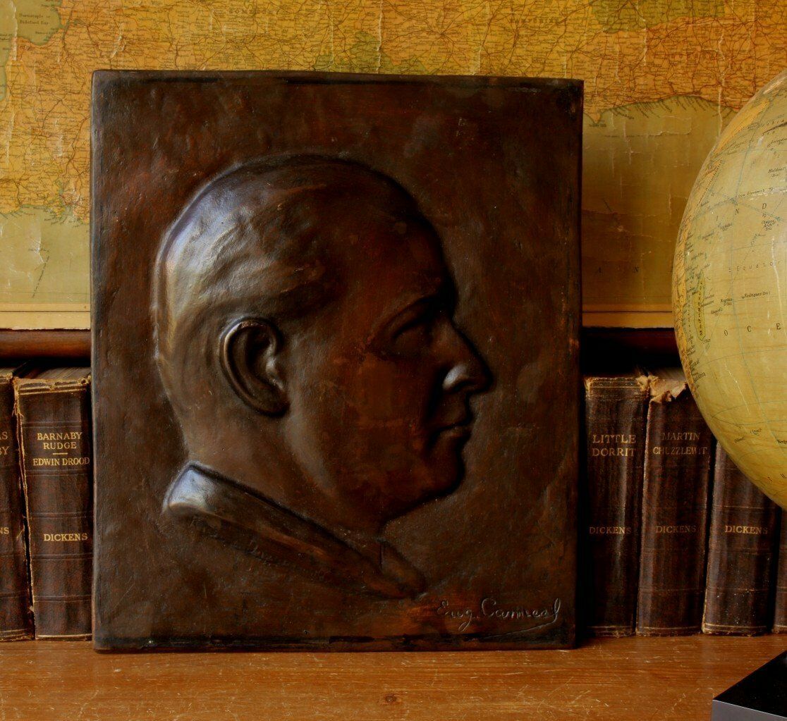 310.0 Bronze Plaque Male Portrait Signed Eugene Canneel. Mans Head Art C1920. photo