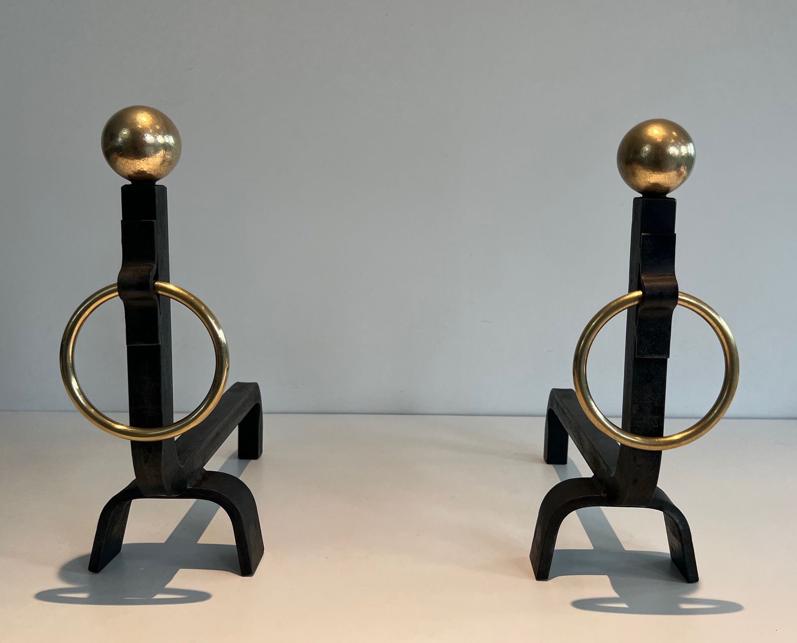 Pair Of Wrought Iron And Brass Andirons In The Taste Of Jacques Adnet