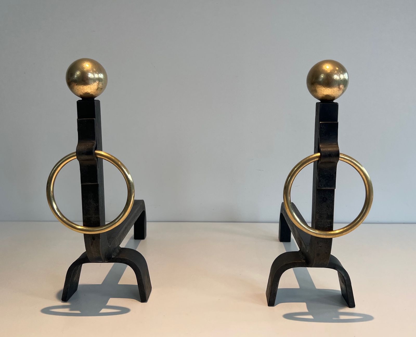 Pair Of Wrought Iron And Brass Andirons In The Taste Of Jacques Adnet photo furniture