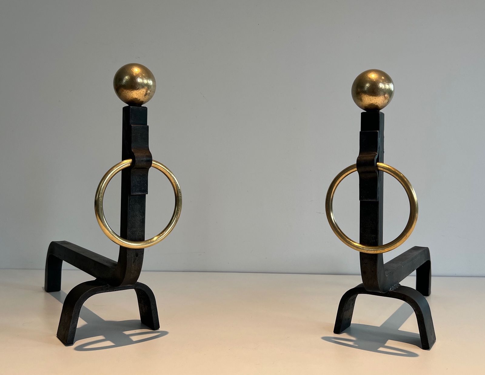 Pair Of Wrought Iron And Brass Andirons In The Taste Of Jacques Adnet photo Home Fixtures