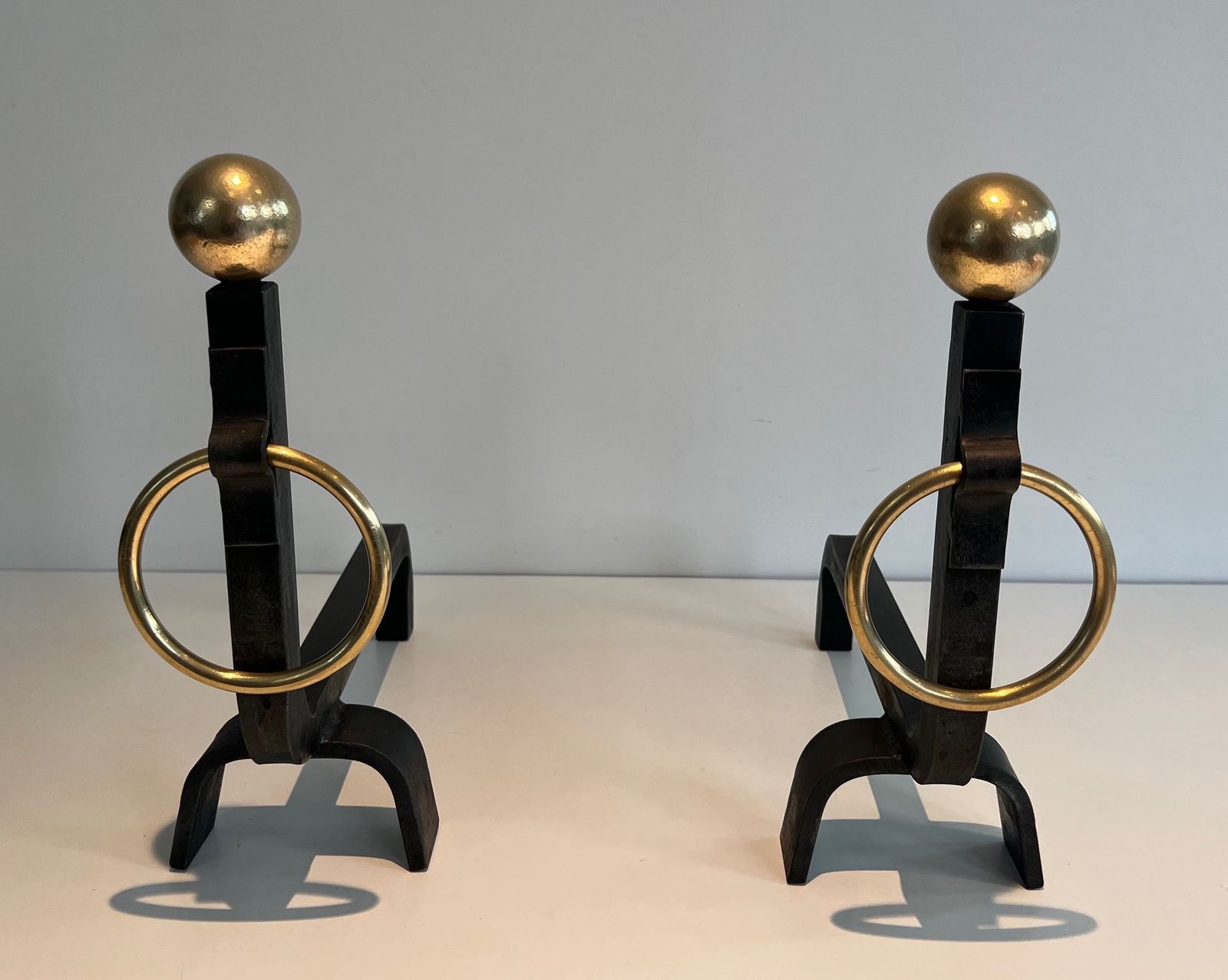 1450.0 Pair Of Wrought Iron And Brass Andirons In The Taste Of Jacques Adnet photo