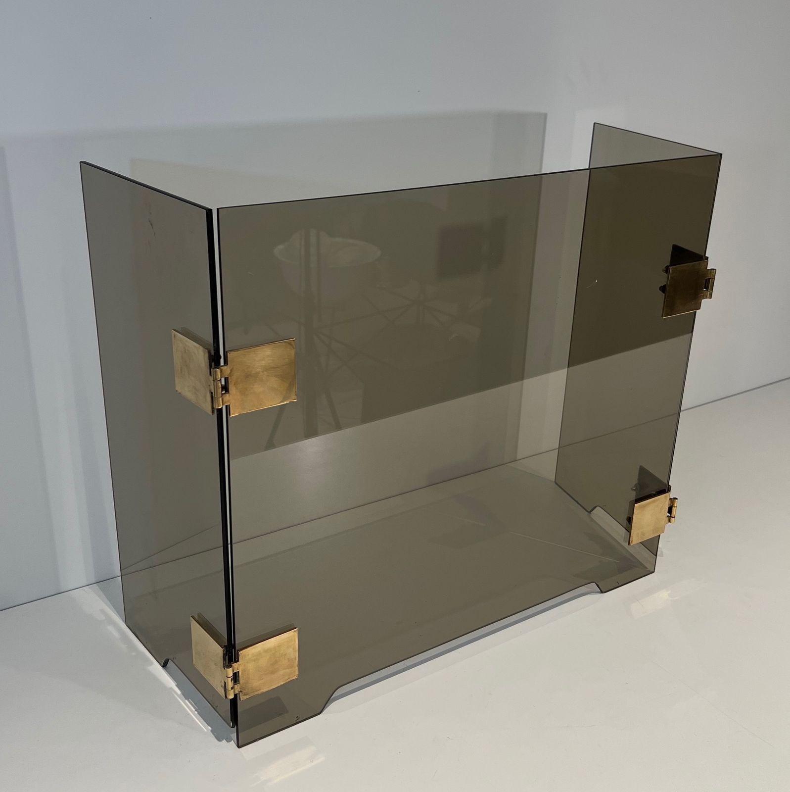Tri Fold Firewall In Smoked Glass And Brass. Around 1970 photo Home Fixtures