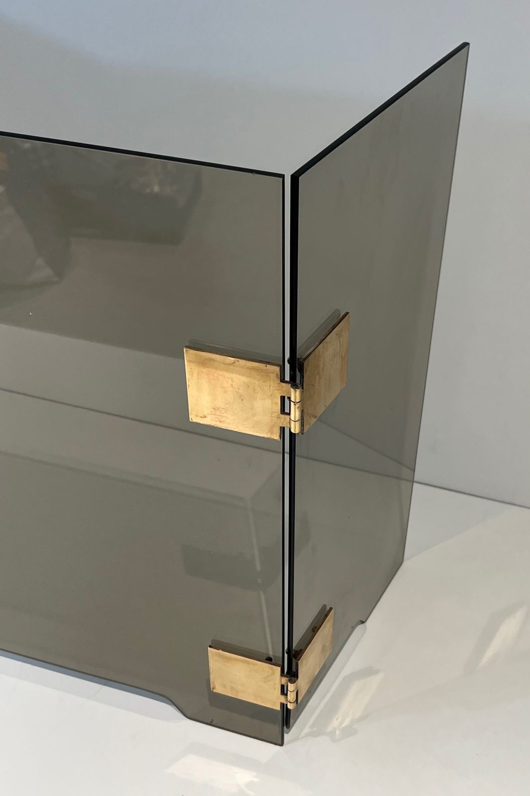Tri Fold Firewall In Smoked Glass And Brass. Around 1970 photo buy