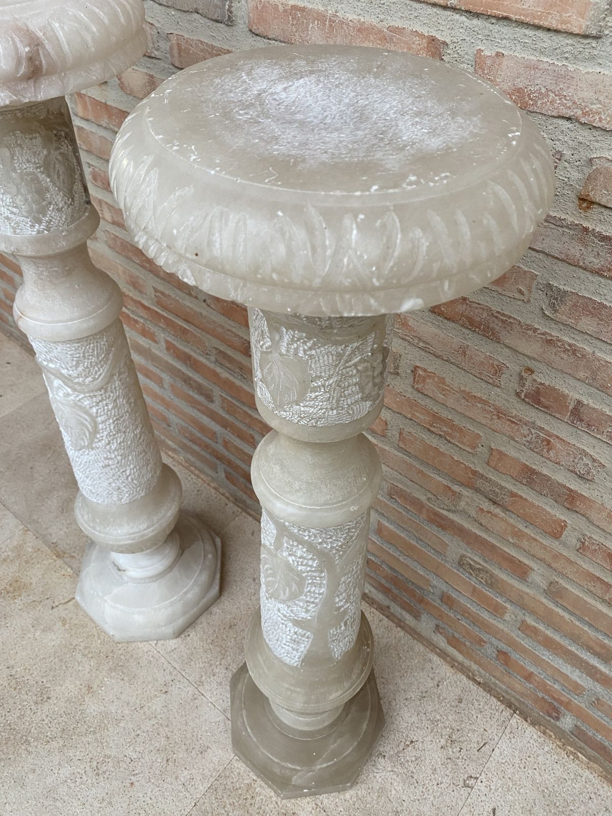 photo furniture Pair Of Italian Empire Carved Carrara Marble Pedestal Tables, Sculpture Stands Or Columns