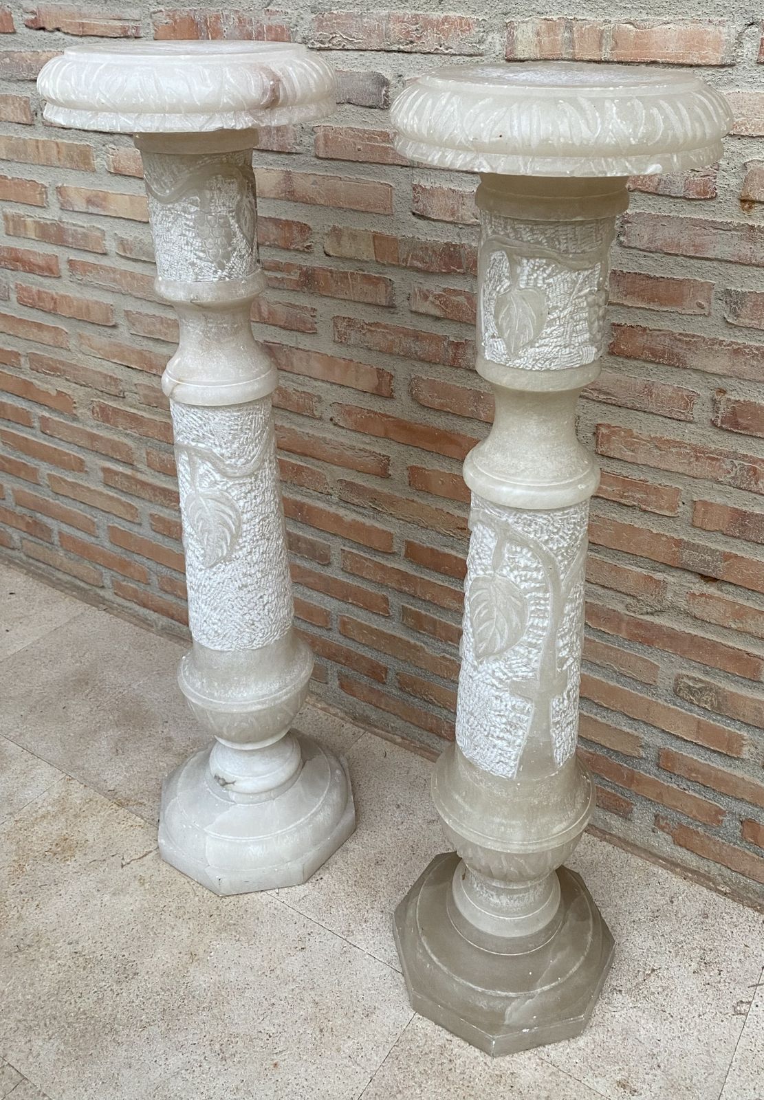 photo for sale Pair Of Italian Empire Carved Carrara Marble Pedestal Tables, Sculpture Stands Or Columns