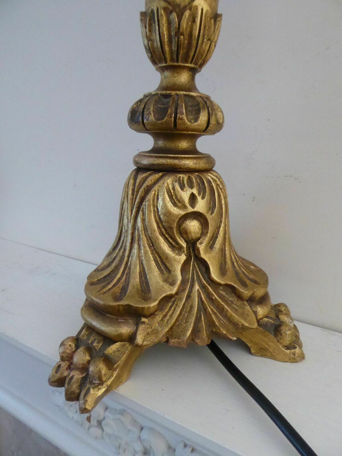 Old Tall Italian Gold Carved Wooden Altar Candle Table Lamp Shade Fully Working photo 175.0