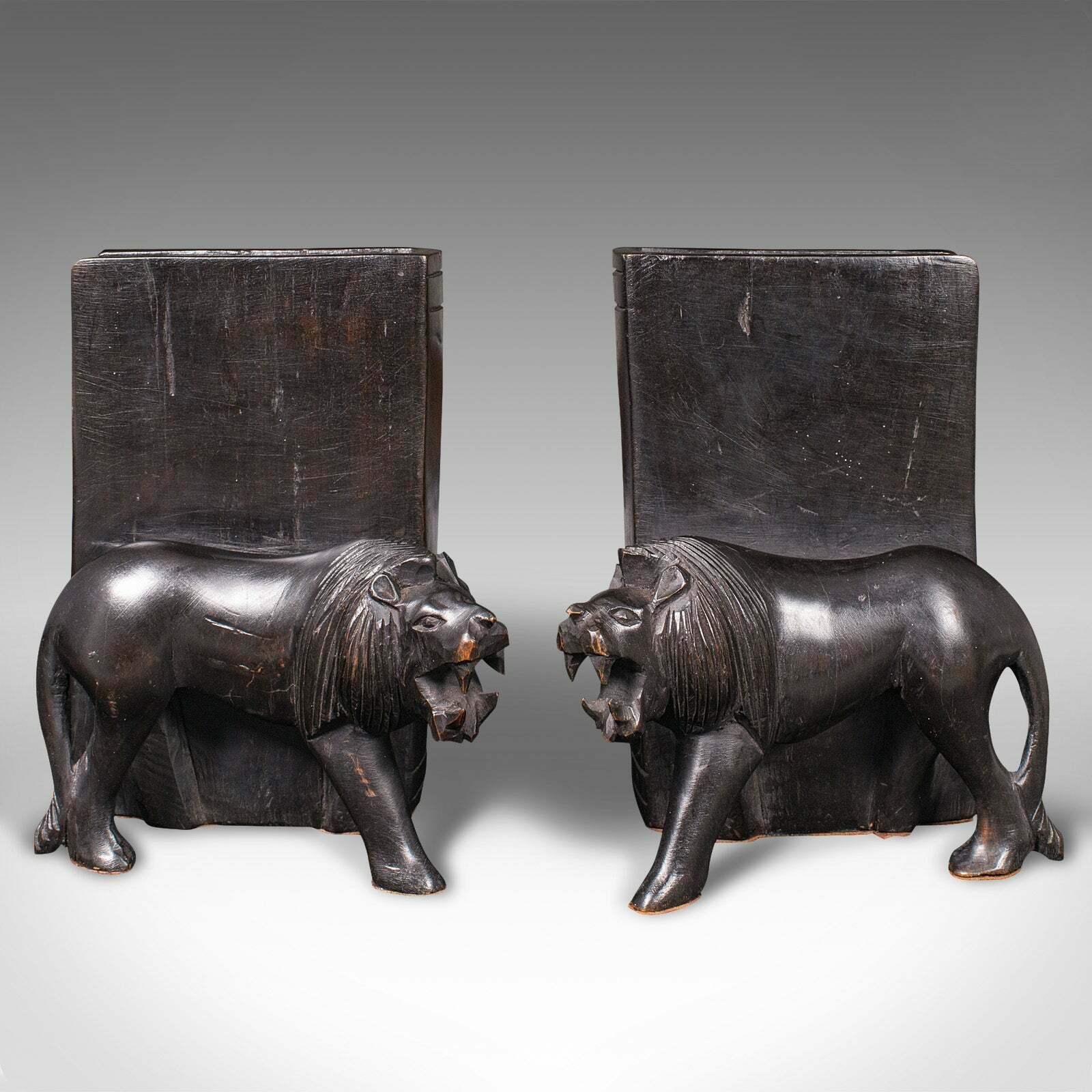 Pair Of Antique Carved Lion Bookends, Oriental, Ebonised, Book Rest, Victorian photo Home Decor