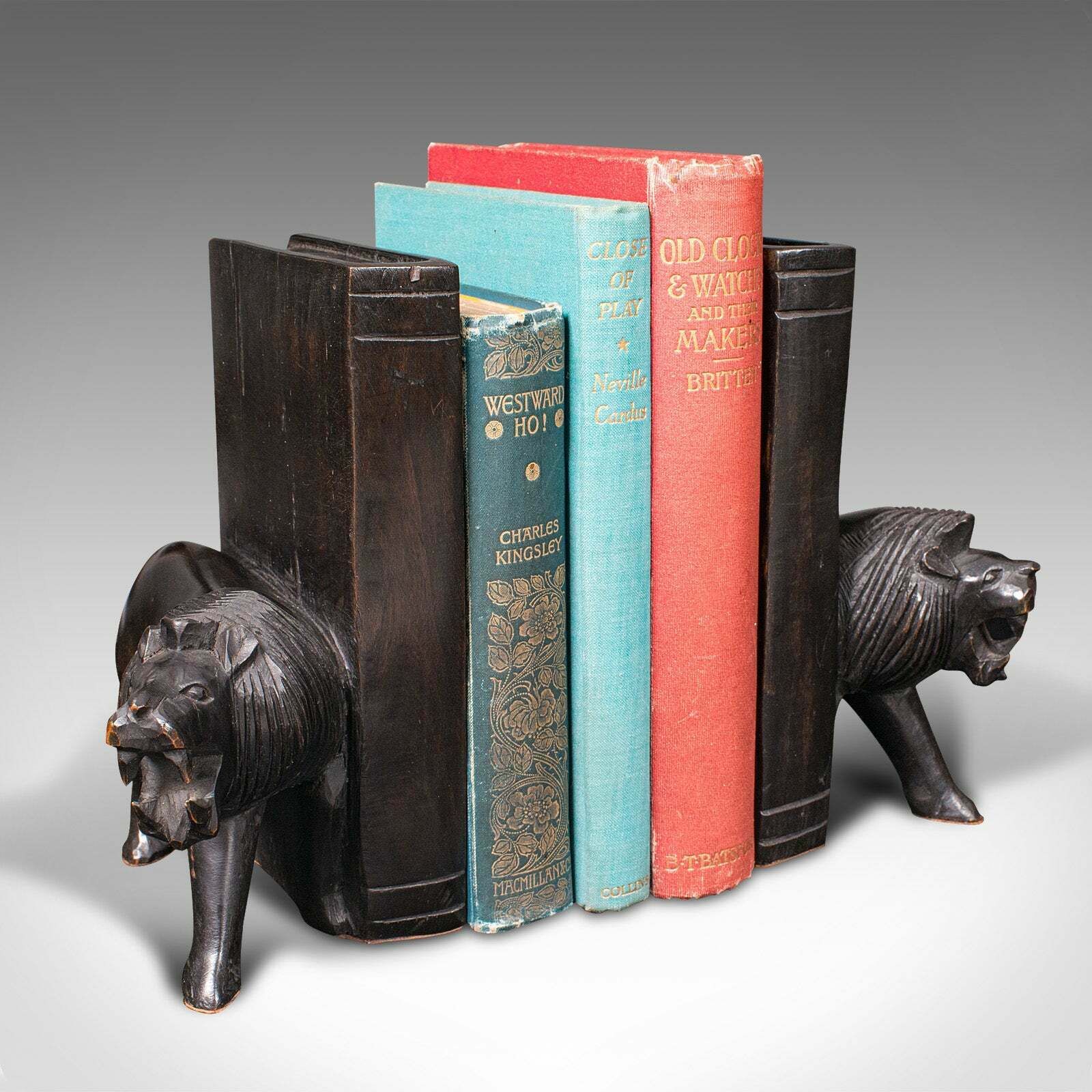 Home Decor Pair Of Antique Carved Lion Bookends, Oriental, Ebonised, Book Rest, Victorian photo