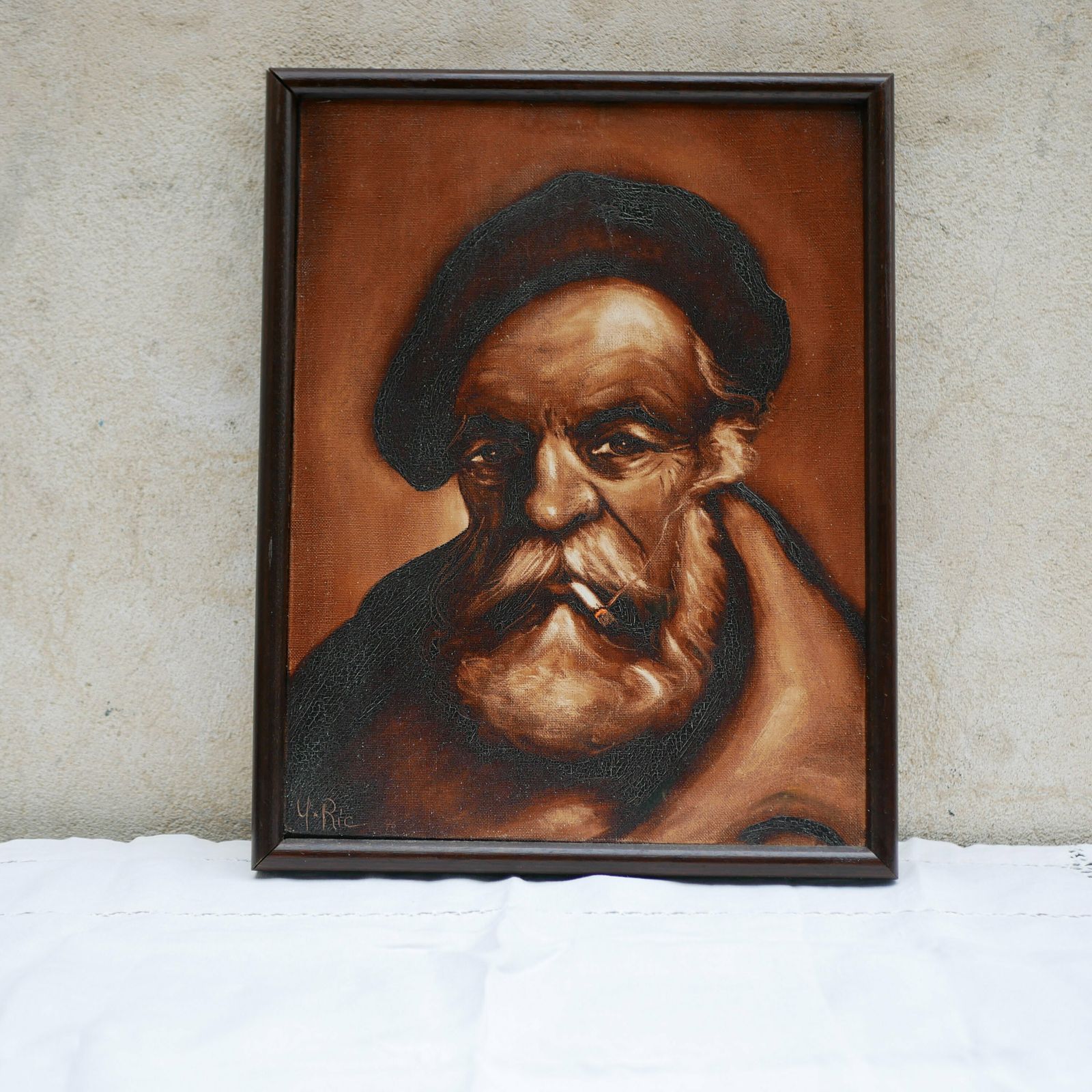 Oil On Canvas 'Vieil Homme Avec Une Cigarette' Old Man With Cigarette Vintage French Portrait Framed Painting