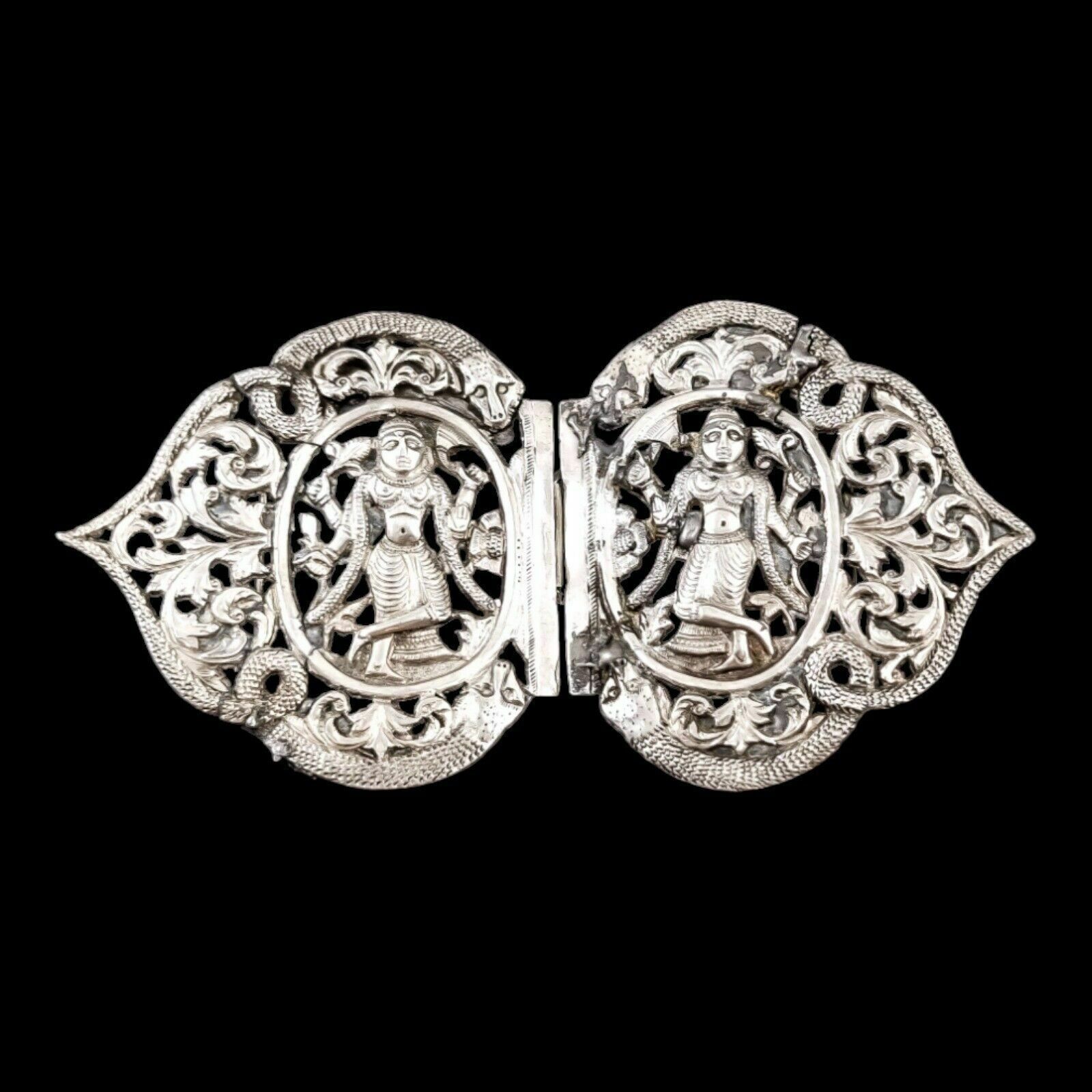 Antique Indian / Burmese Colonial Silver Belt Buckle   Deities, Snakes, Foliage