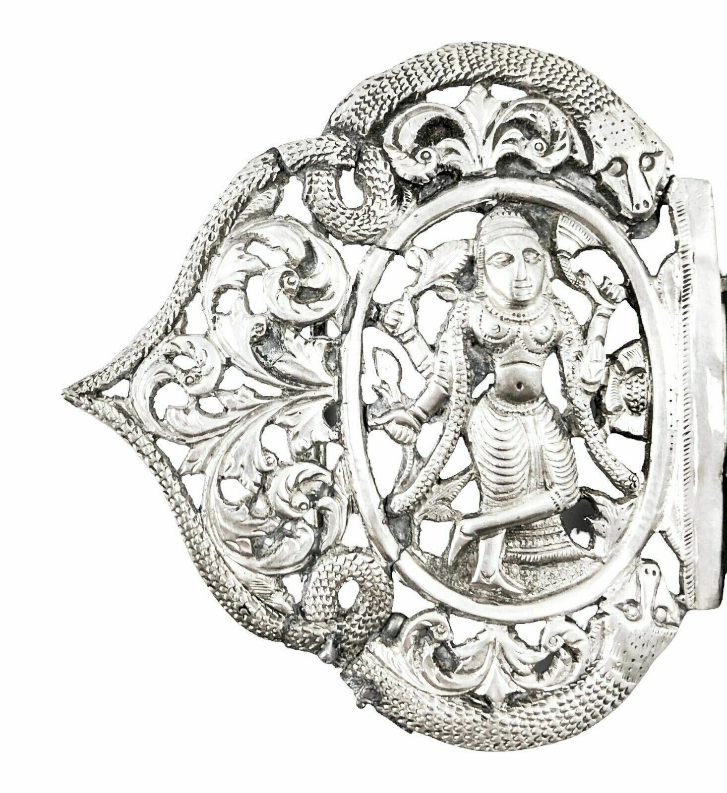 photo for sale Antique Indian / Burmese Colonial Silver Belt Buckle   Deities, Snakes, Foliage