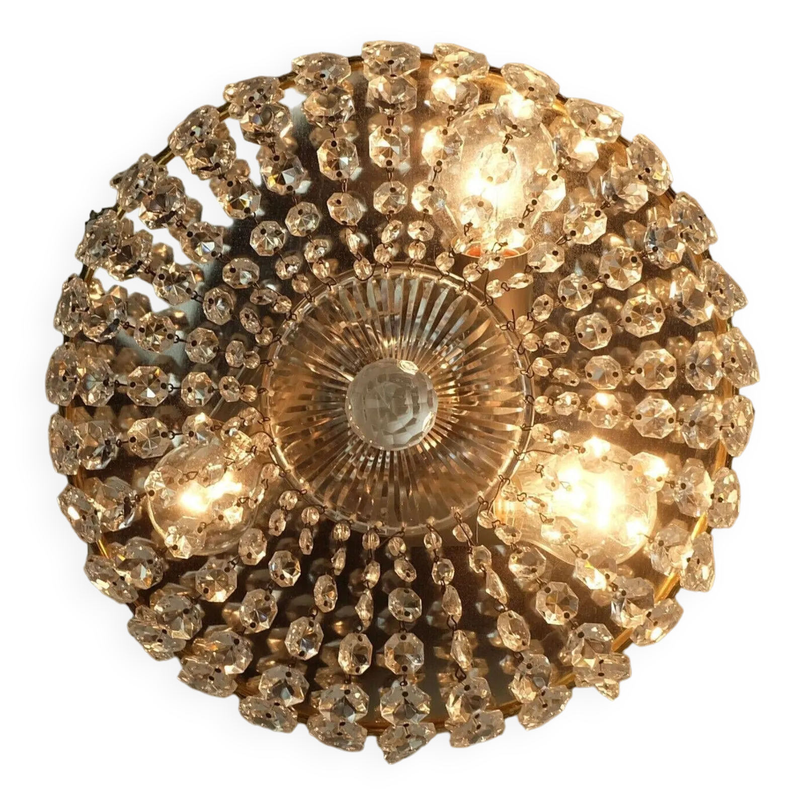 Crystal Glass Palwa Plafoniere Brass Metal 60s Hollywood Regency Style