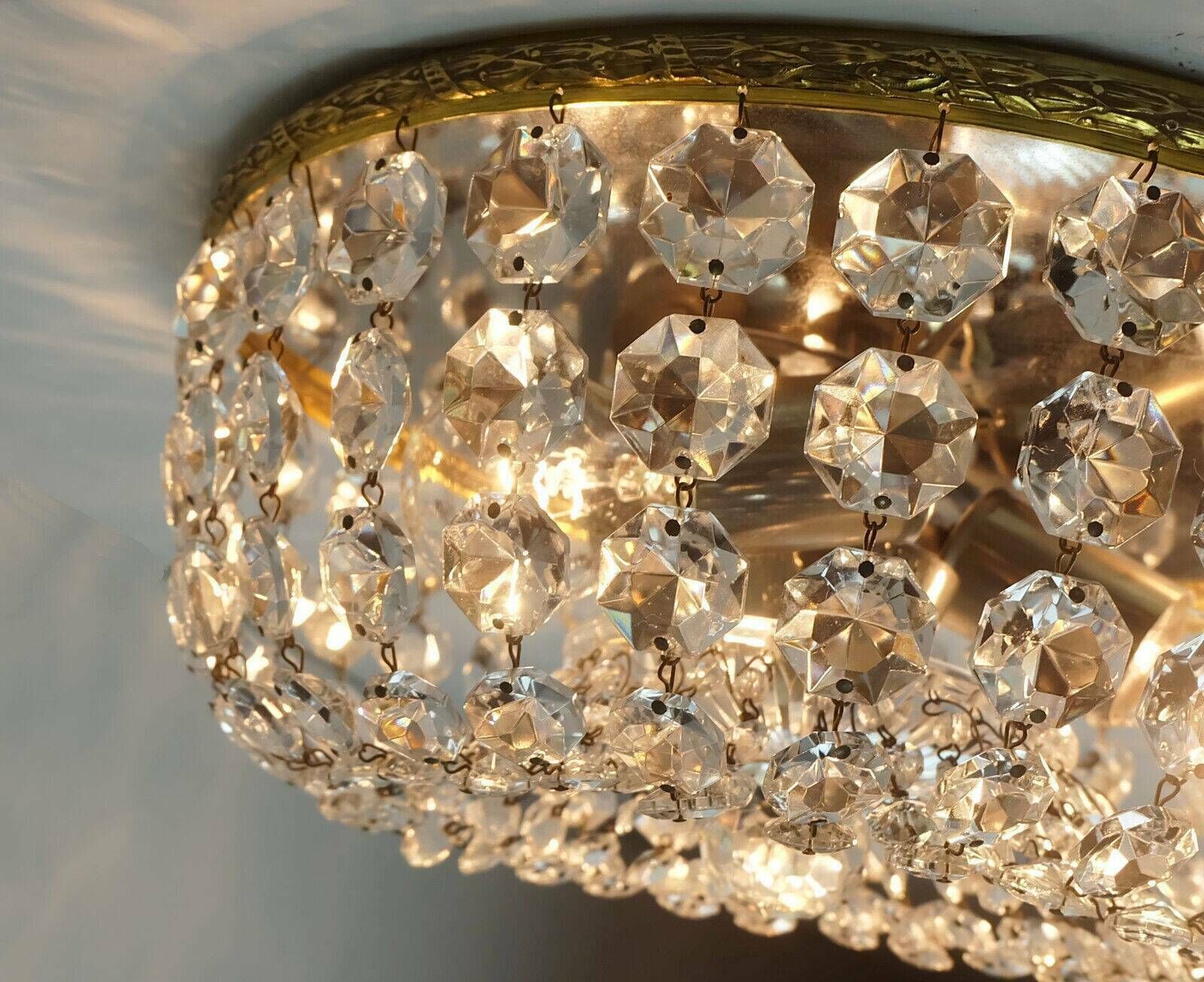 Crystal Glass Palwa Plafoniere Brass Metal 60s Hollywood Regency Style photo vintage