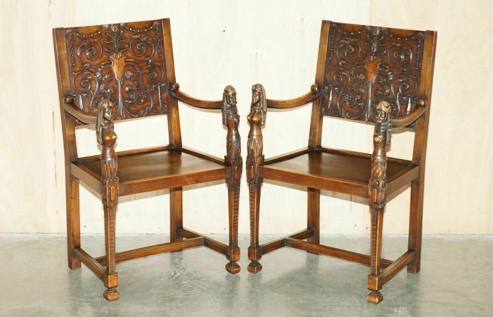 Pair Of Ornately Carved Neo Gothic Solid Walnut 19th Century Ceremony Armchairs