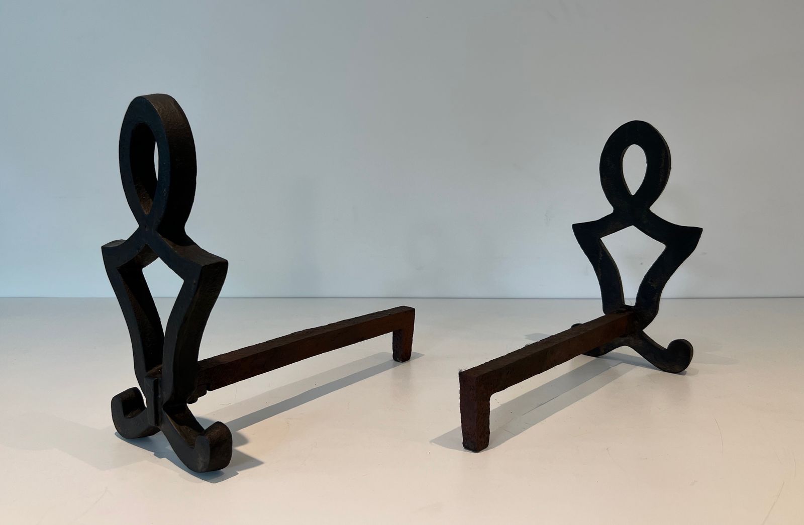 Pair Of Modernized Cast Iron And Wrought Iron Andirons By Raymond Subes photo vinterior