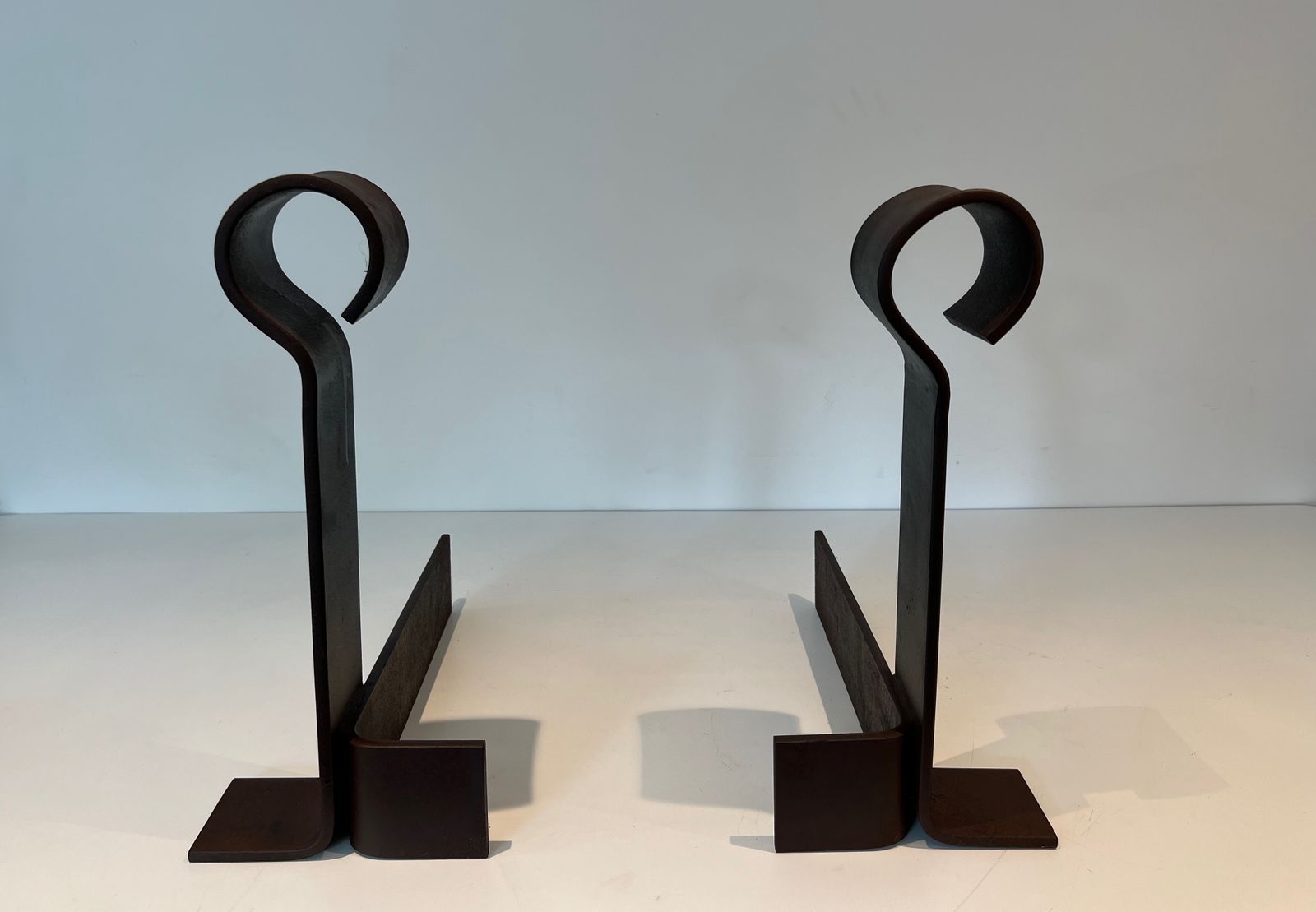 Important Pair Of Modernized Wrought Iron Andirons