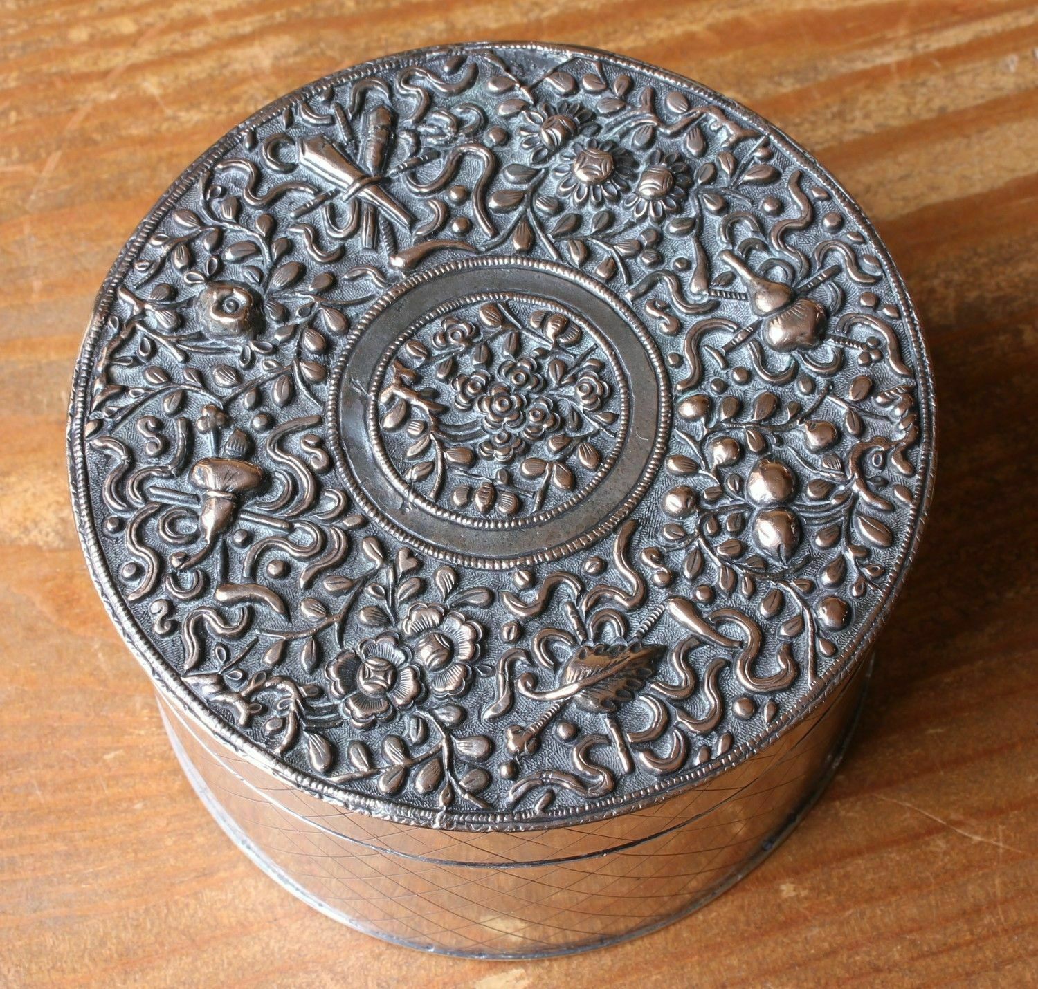 Antique 19th Century Chinese Silver Copper Round Trinket Box Flower Poppy Design. photo for sale