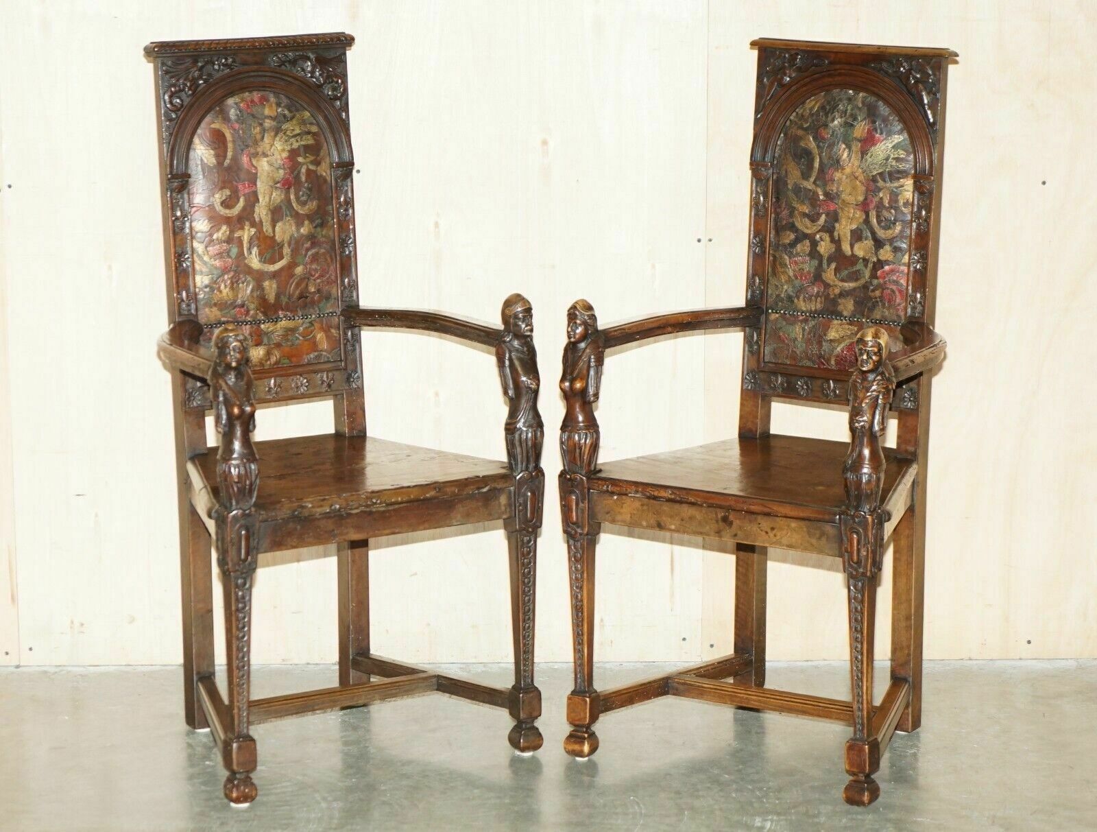 Pair Of Antique 1640 Caquetoire Carved Walnut Polychrome Painted Armchairs